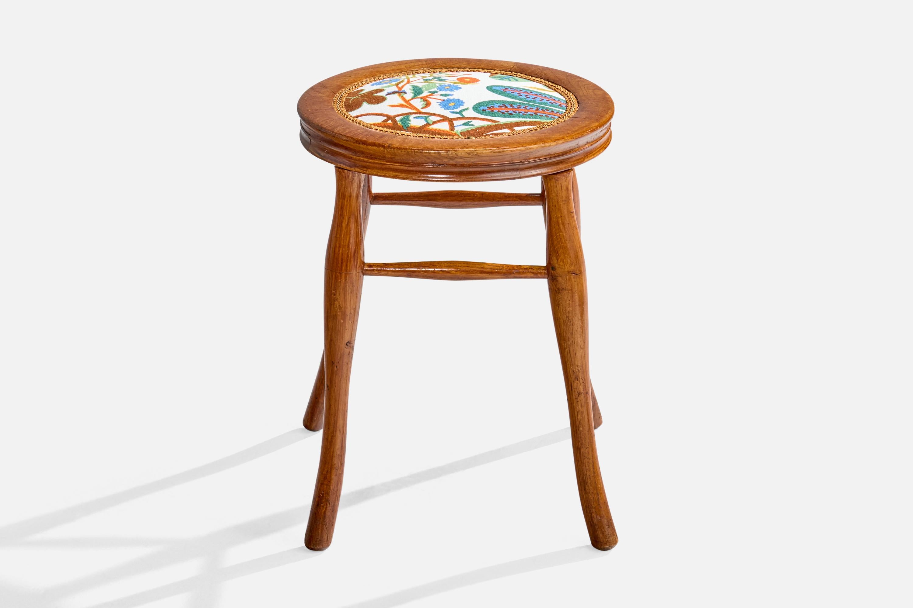 Austrian Designer, Stools, Oak, Fabric, Austria, 1900s For Sale 1