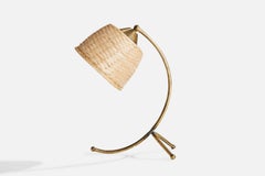Austrian Designer, Table Lamp, Brass, Rattan, Austria, 1940s