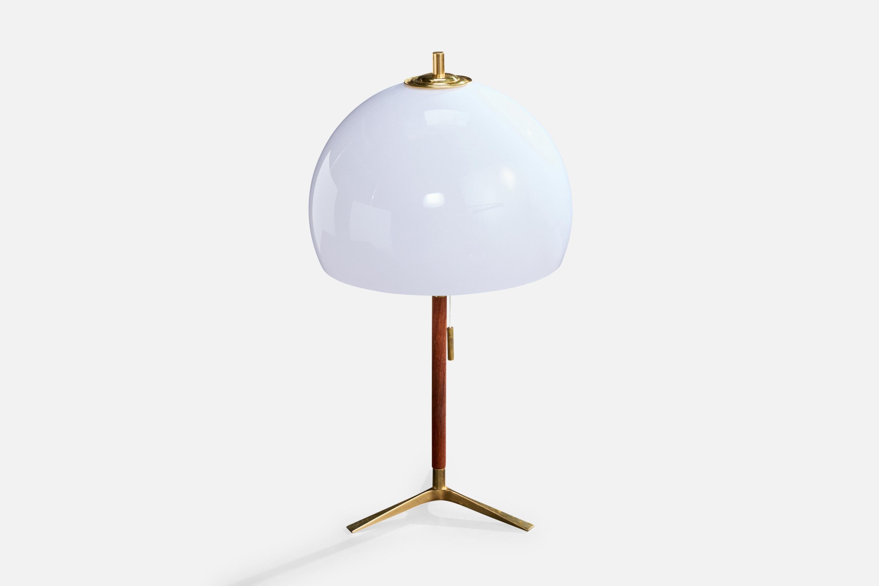 Mid-Century Modern Austrian Designer, Table Lamp, Brass, Teak, Acrylic, Austria, 1950s For Sale