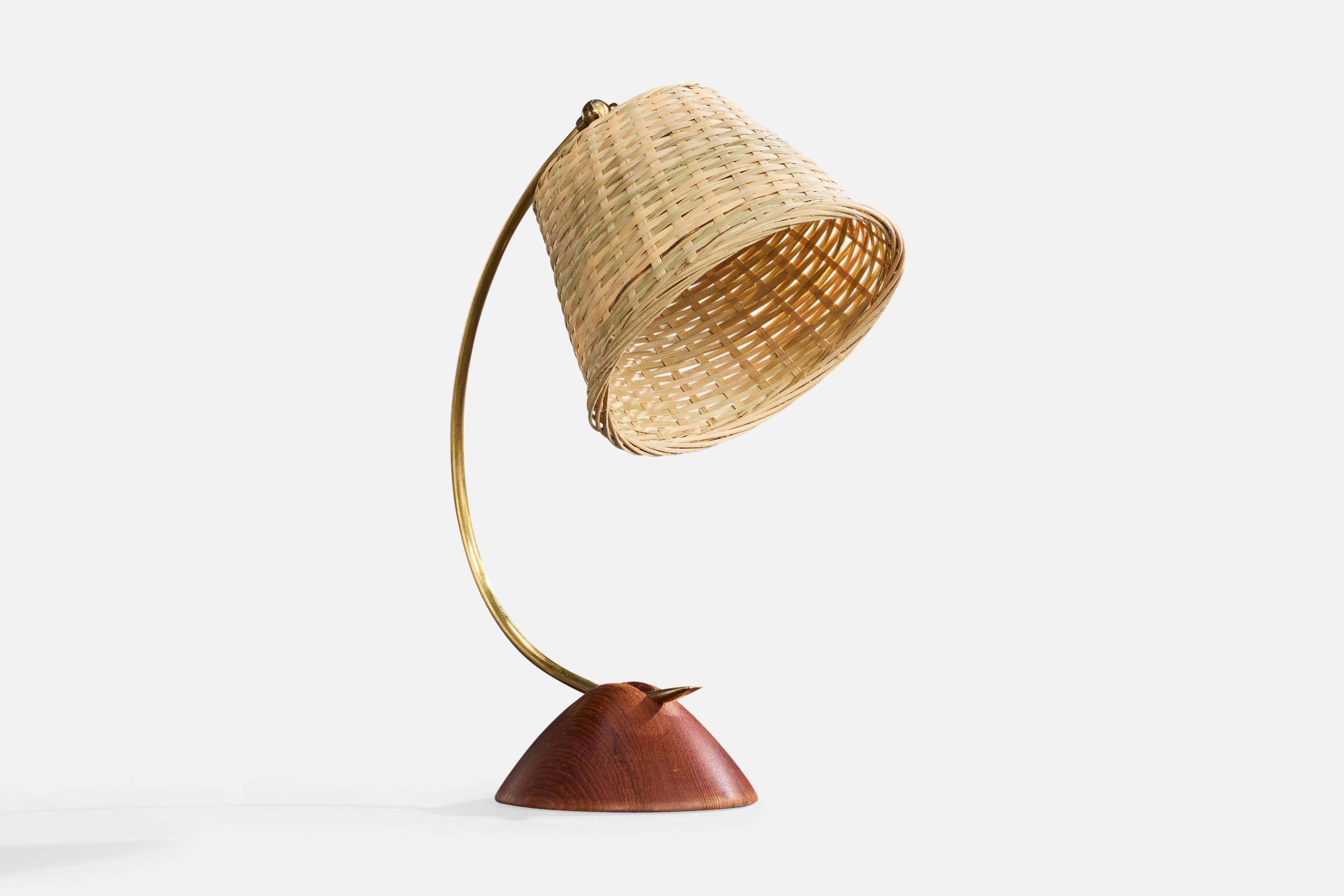 Mid-Century Modern Austrian Designer, Table Lamp, Brass, Teak, Rattan, Austria, 1950s For Sale