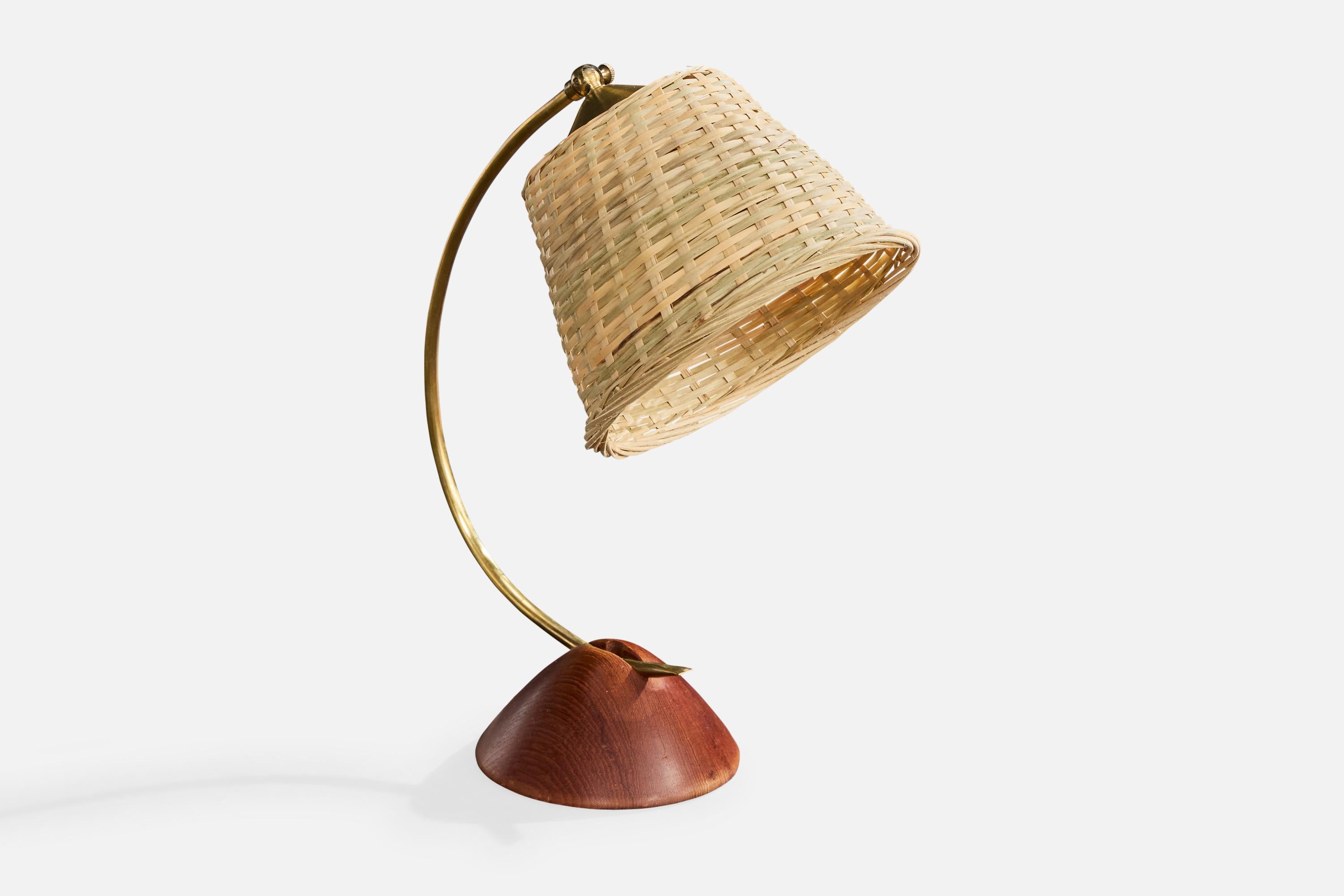 Austrian Designer, Table Lamp, Brass, Teak, Rattan, Austria, 1950s In Good Condition For Sale In High Point, NC