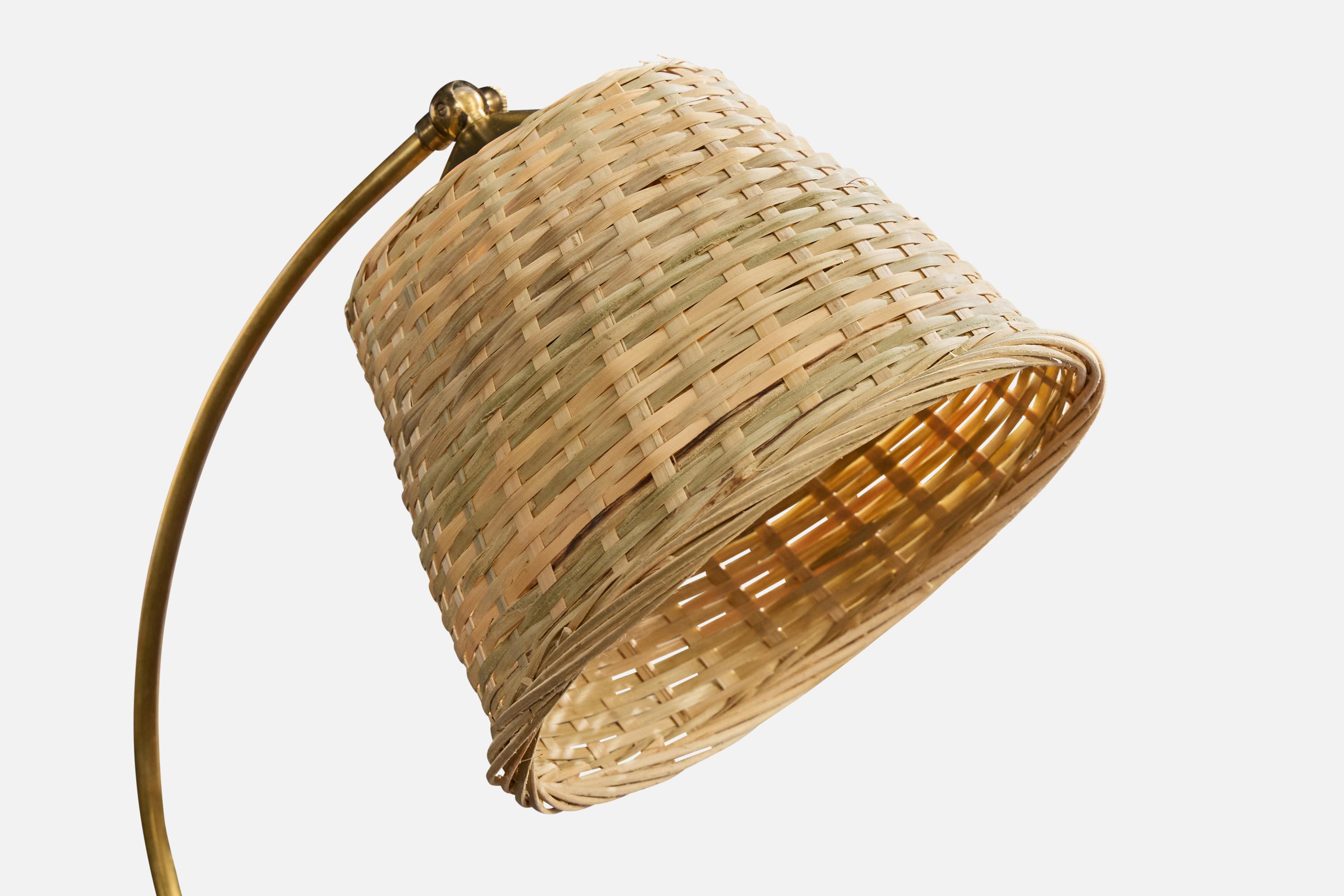 Mid-20th Century Austrian Designer, Table Lamp, Brass, Teak, Rattan, Austria, 1950s For Sale