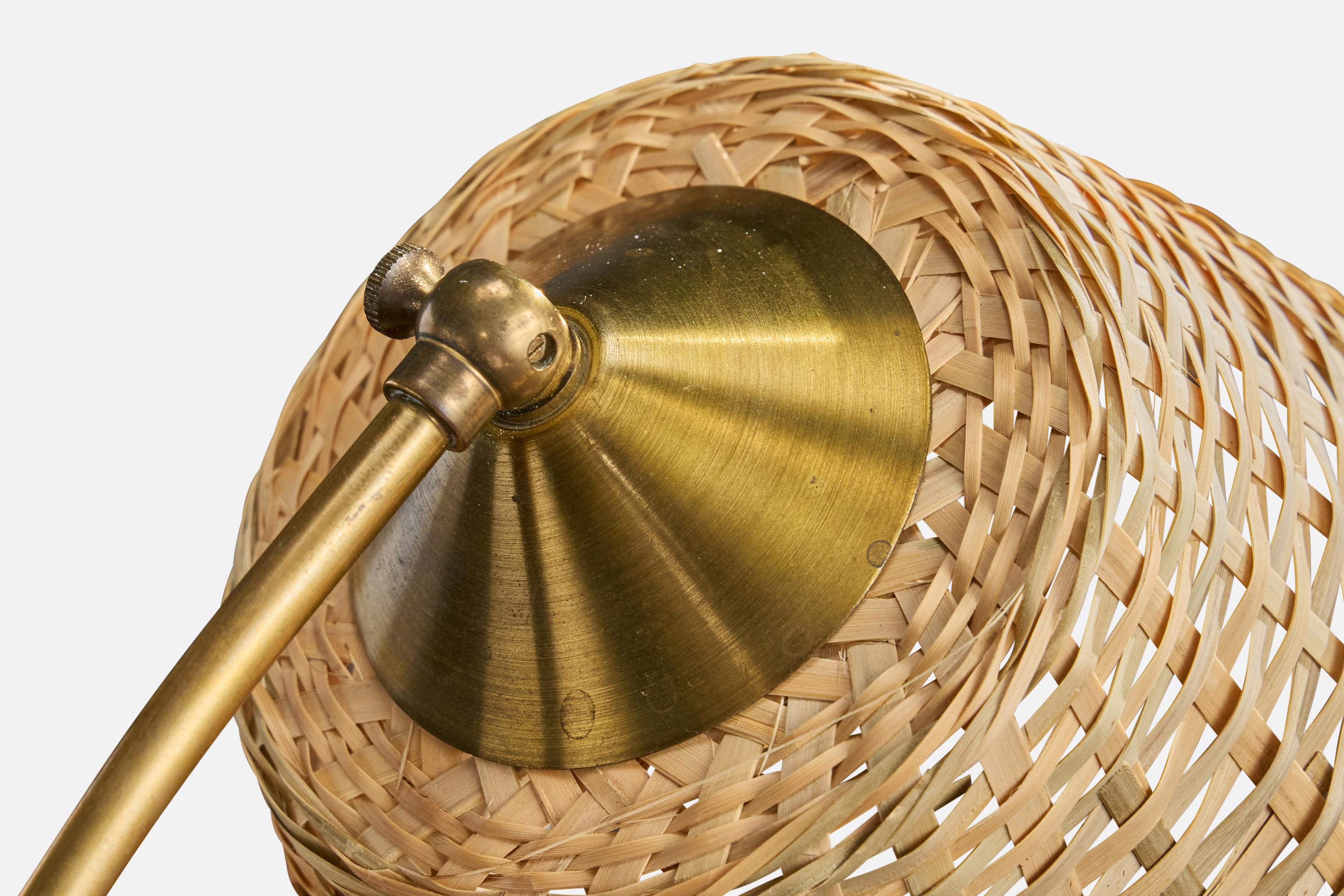 Austrian Designer, Table Lamp, Brass, Teak, Rattan, Austria, 1950s For Sale 1