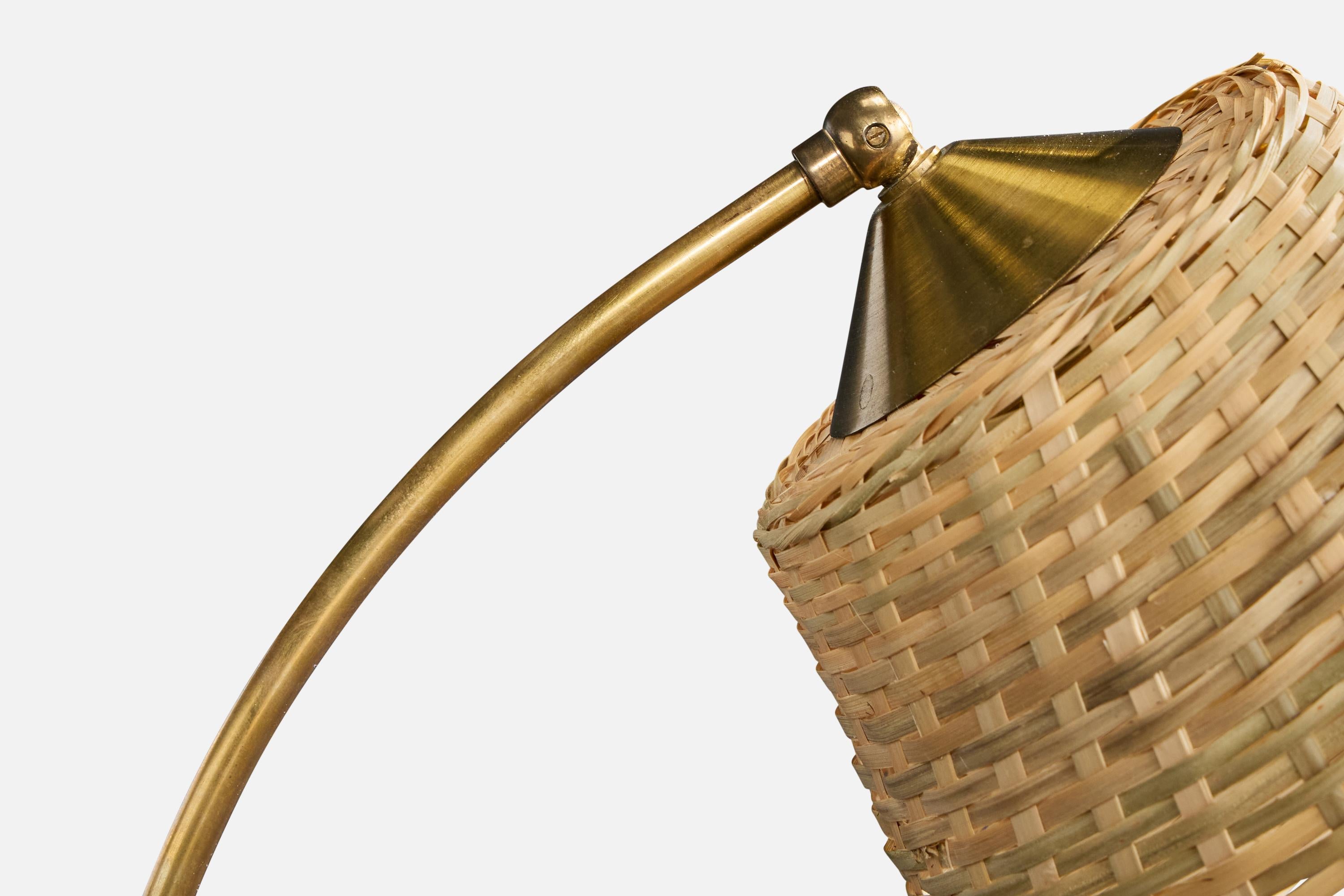 Austrian Designer, Table Lamp, Brass, Teak, Rattan, Austria, 1950s For Sale 2