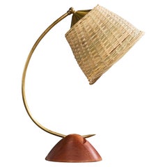 Austrian Designer, Table Lamp, Brass, Teak, Rattan, Austria, 1950s