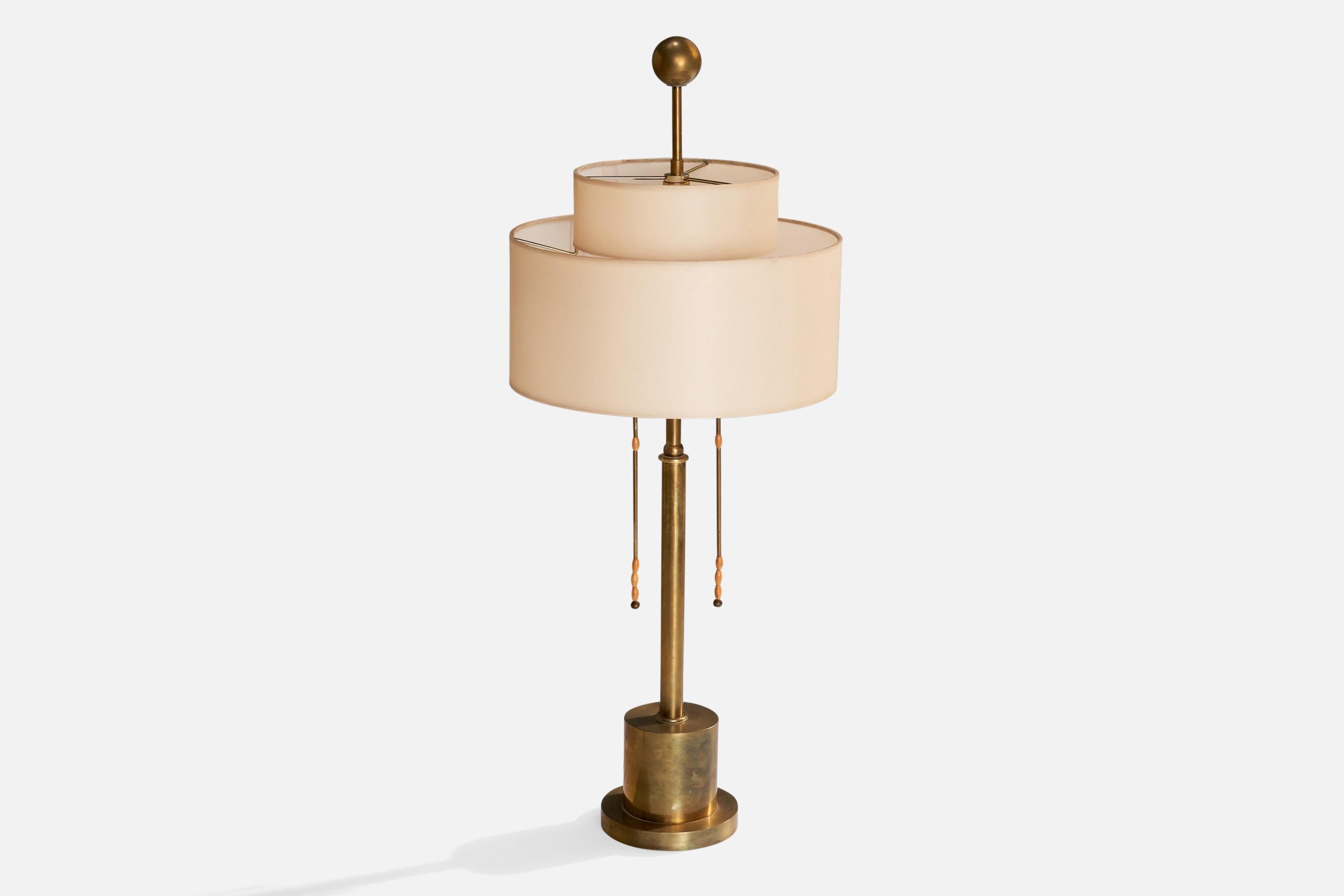 Jugendstil Austrian Designer, Table Lamp, Brass, Wood, Fabric, Austria, 1930s For Sale