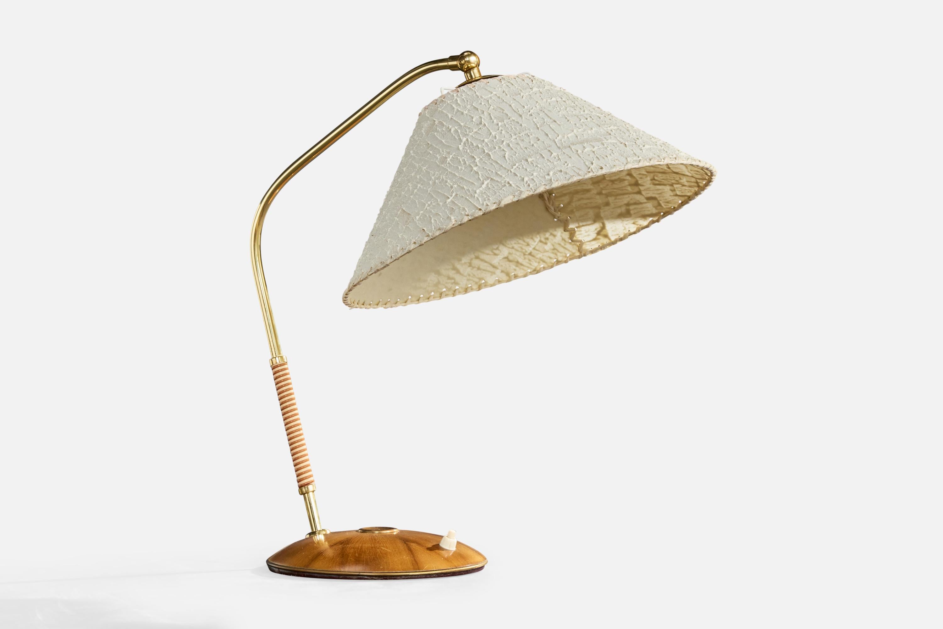 Mid-Century Modern Austrian Designer, Table Lamp, Brass, Wood, Rubber, Parchment, Austria, 1950s For Sale