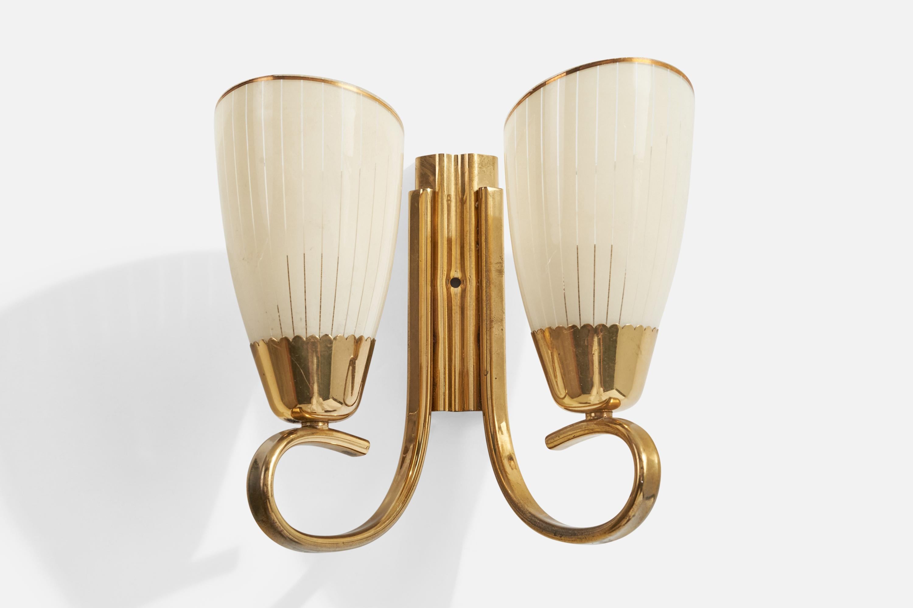 A brass and etched glass wall light designed and produced in Austria, c. 1950s.

Overall Dimensions (Inches): 8.25” H x 8” W x 4.4“ D

Back Plate Dimensions (Inches): 5.75” H x 1.75“ W x .5” D

Bulb Specifications: E-14

Number of Sockets (per