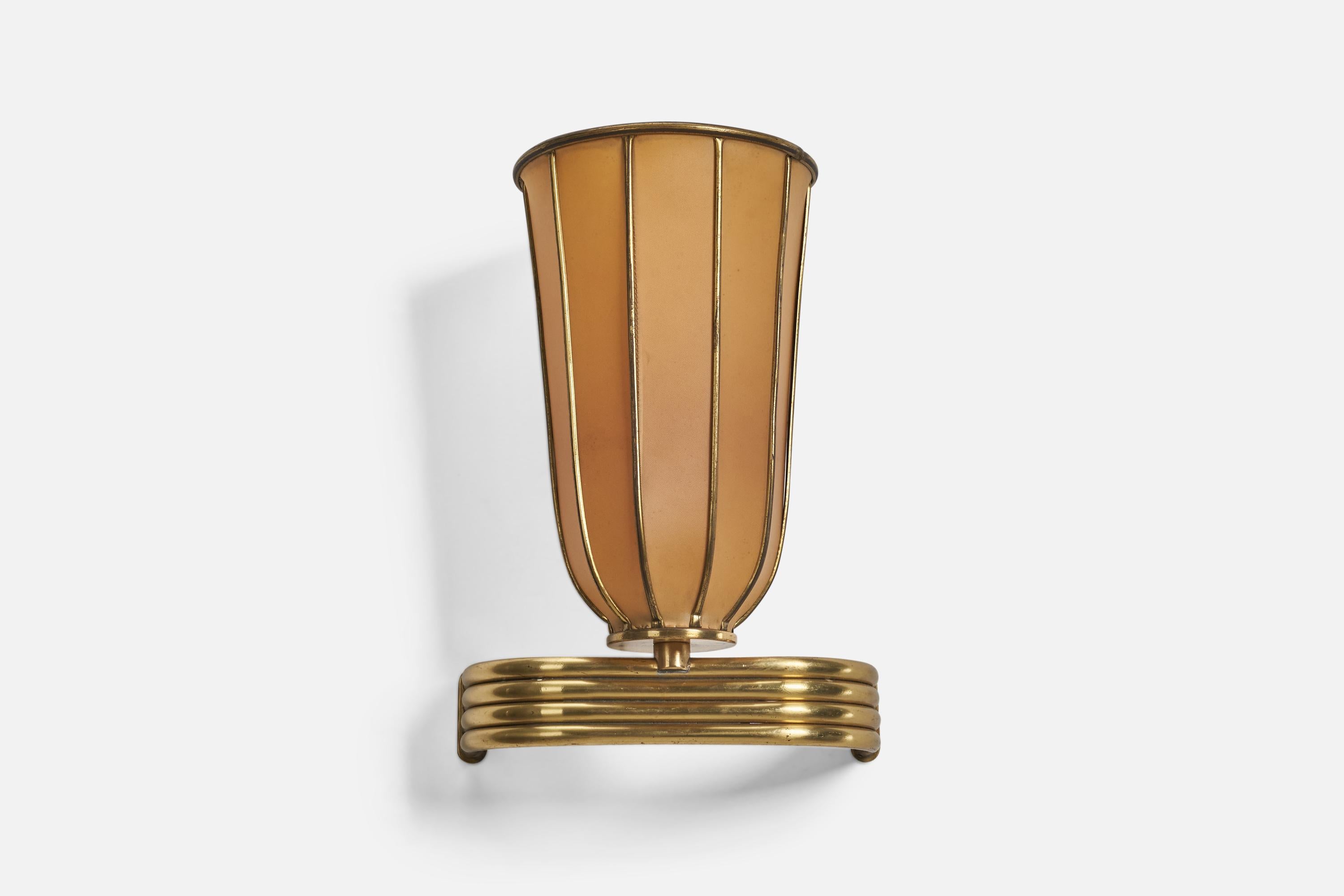A brass, paper wall light designed and produced by an Austrian Designer, Austria, 1940s.

Dimensions of back plate (inches) : 3.5 x 3.5 x 0.5 (Height x Width x Depth)

Socket takes standard E-26 medium base bulb.

There is no maximum wattage