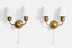 Österreichischer Designer, Wall Lights, Messing, Stoff, Österreich, 1950er Jahre