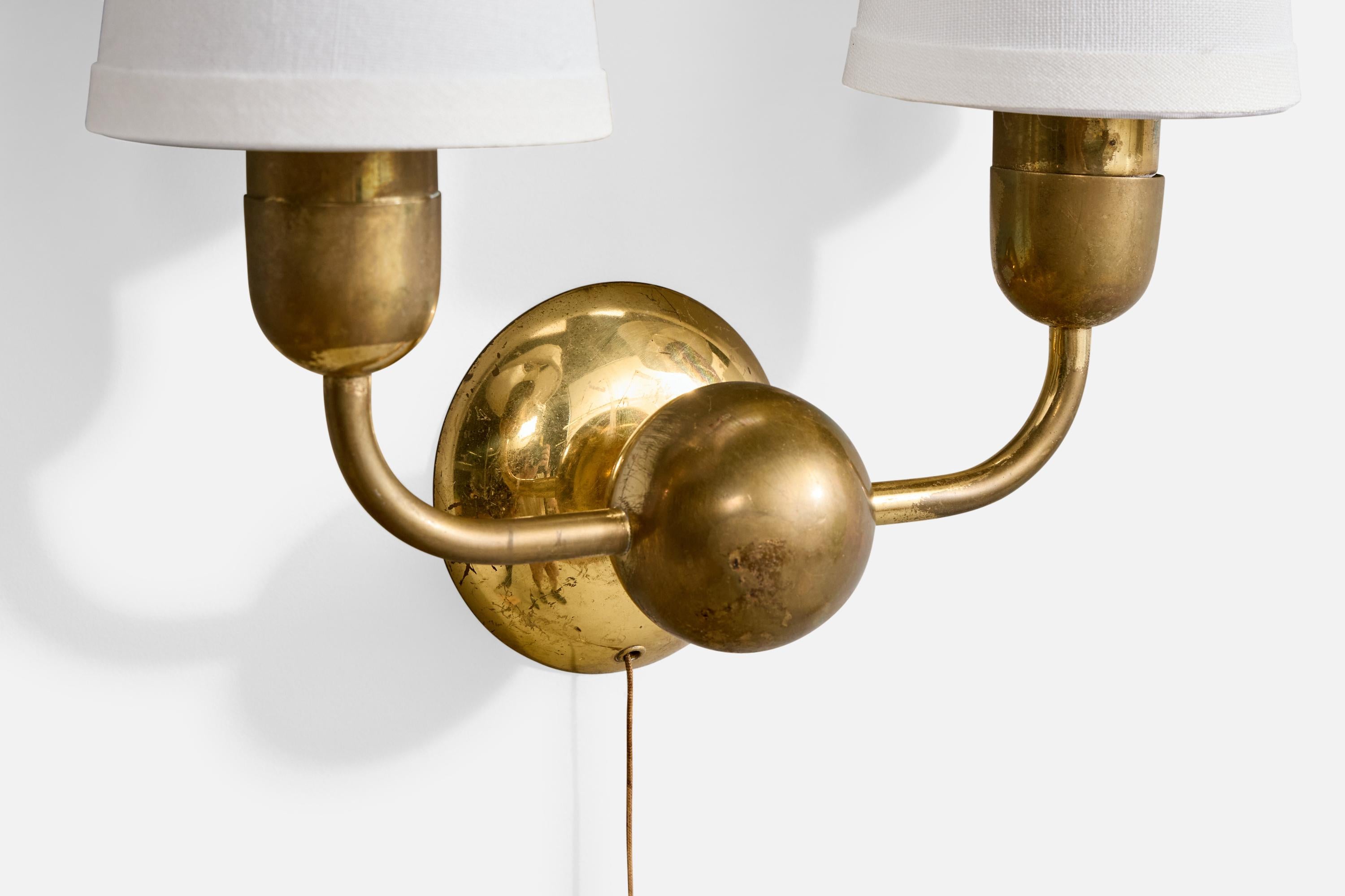 Ottone Austrian Designer, Wall Lights, Brass, Fabric, Austria, 1950s in vendita