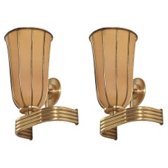 Austrian Designer, Wall Lights, Brass, Fabric, Austria, 1950s