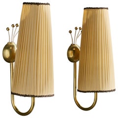 Austrian Designer, Wall Lights, Brass, Fabric, Austria, 1950s