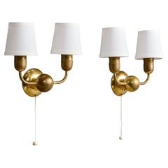 Austrian Designer, Wall Lights, Brass, Fabric, Austria, 1950s