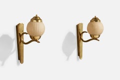 Austrian Designer, Wall Lights, Brass, Glass, Austria, 1950s