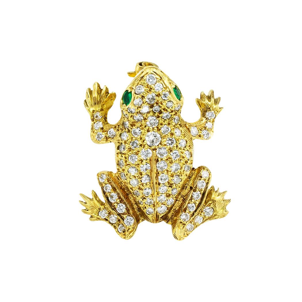 Austrian diamond emerald and yellow gold frog brooch circa 1930. *

ABOUT THIS ITEM:  #P-DJ627C. Scroll down for specifications.  Set throughout with beautifully cut diamonds and crafted with exceptional high-quality workmanship.  This is a fine