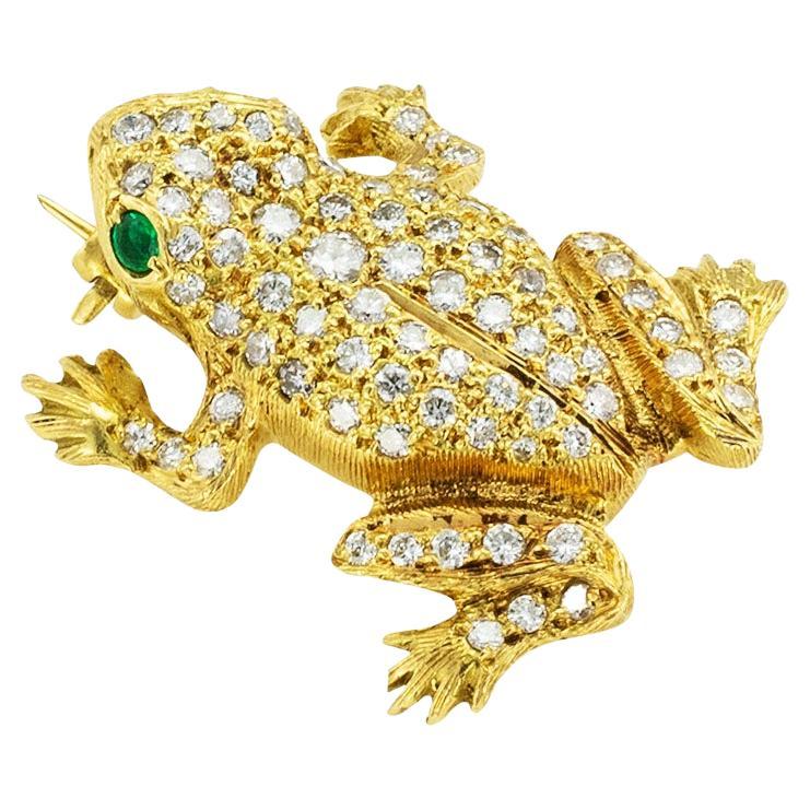 Austrian Diamond Emerald Gold Frog Brooch For Sale