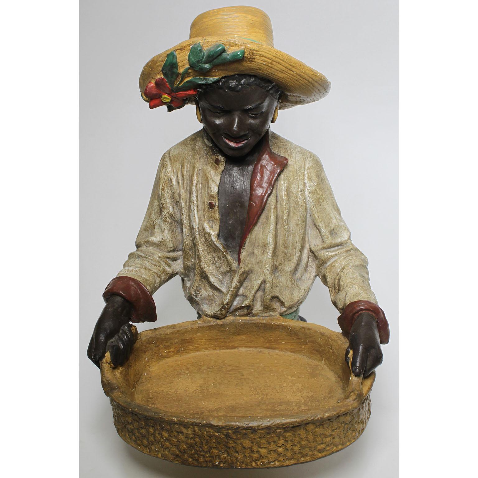 Folk Art Austrian Early 20th Century Polychromed Bust Figure African Girl Holding a Tray