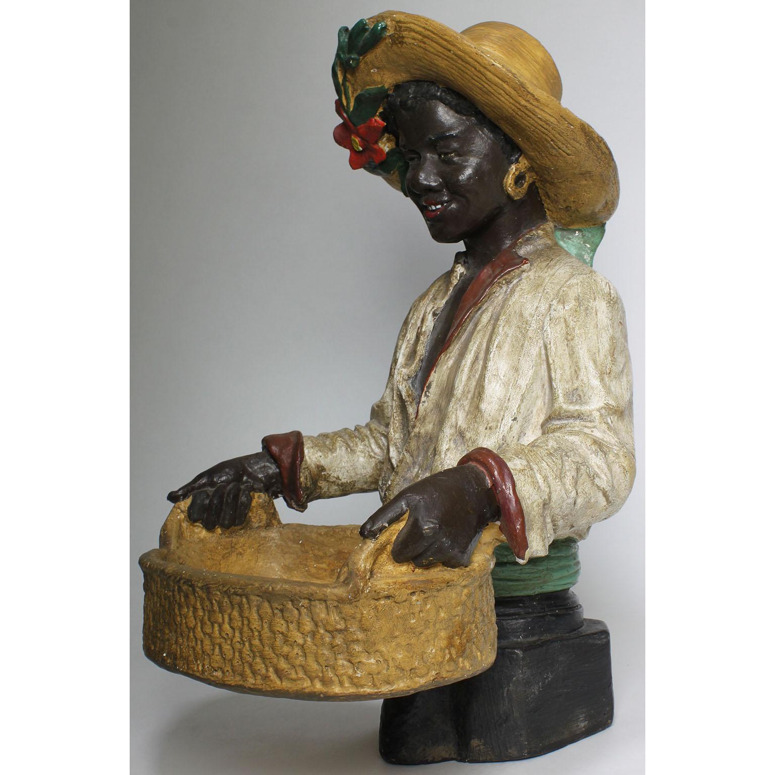 Cast Austrian Early 20th Century Polychromed Bust Figure African Girl Holding a Tray