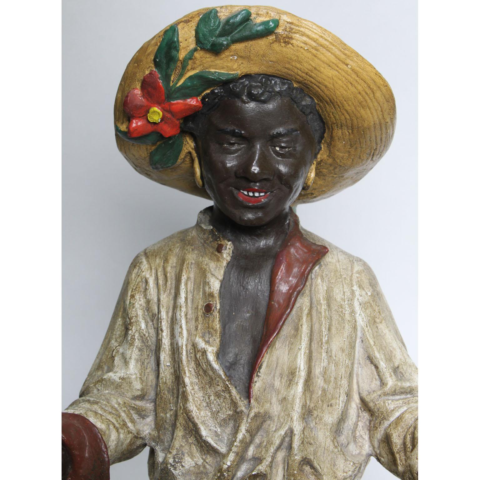 Austrian Early 20th Century Polychromed Bust Figure African Girl Holding a Tray In Good Condition In Los Angeles, CA