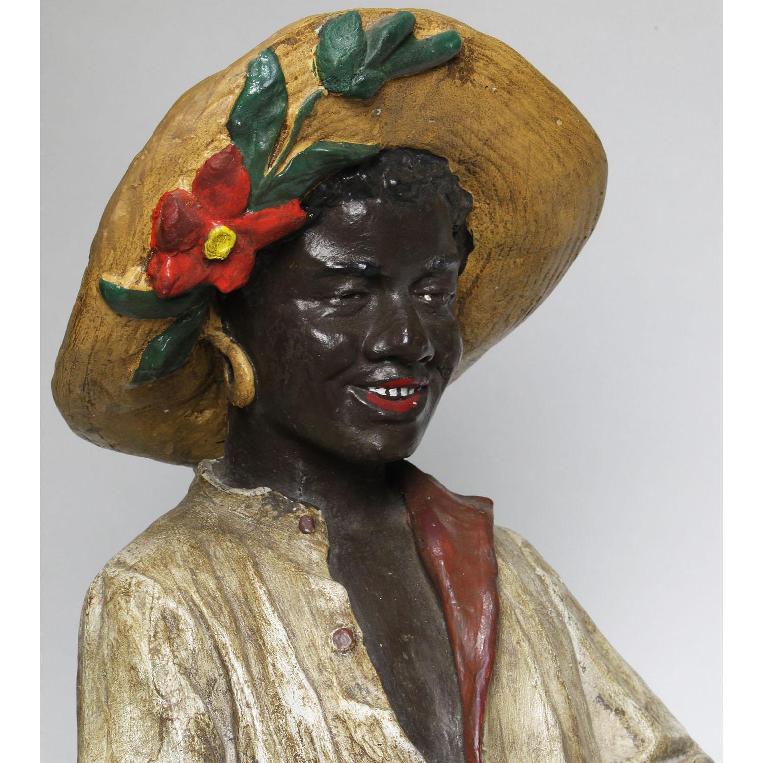 Plaster Austrian Early 20th Century Polychromed Bust Figure African Girl Holding a Tray