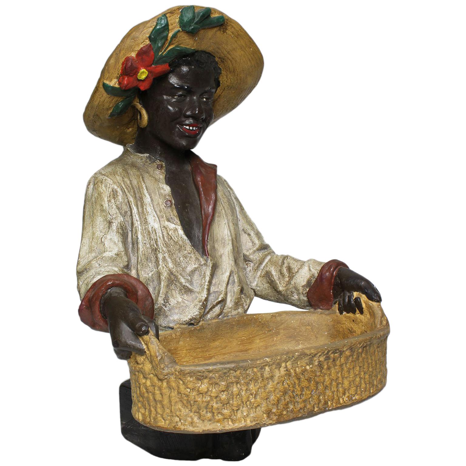 Austrian Early 20th Century Polychromed Bust Figure African Girl Holding a Tray