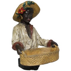 Antique Austrian Early 20th Century Polychromed Bust Figure African Girl Holding a Tray