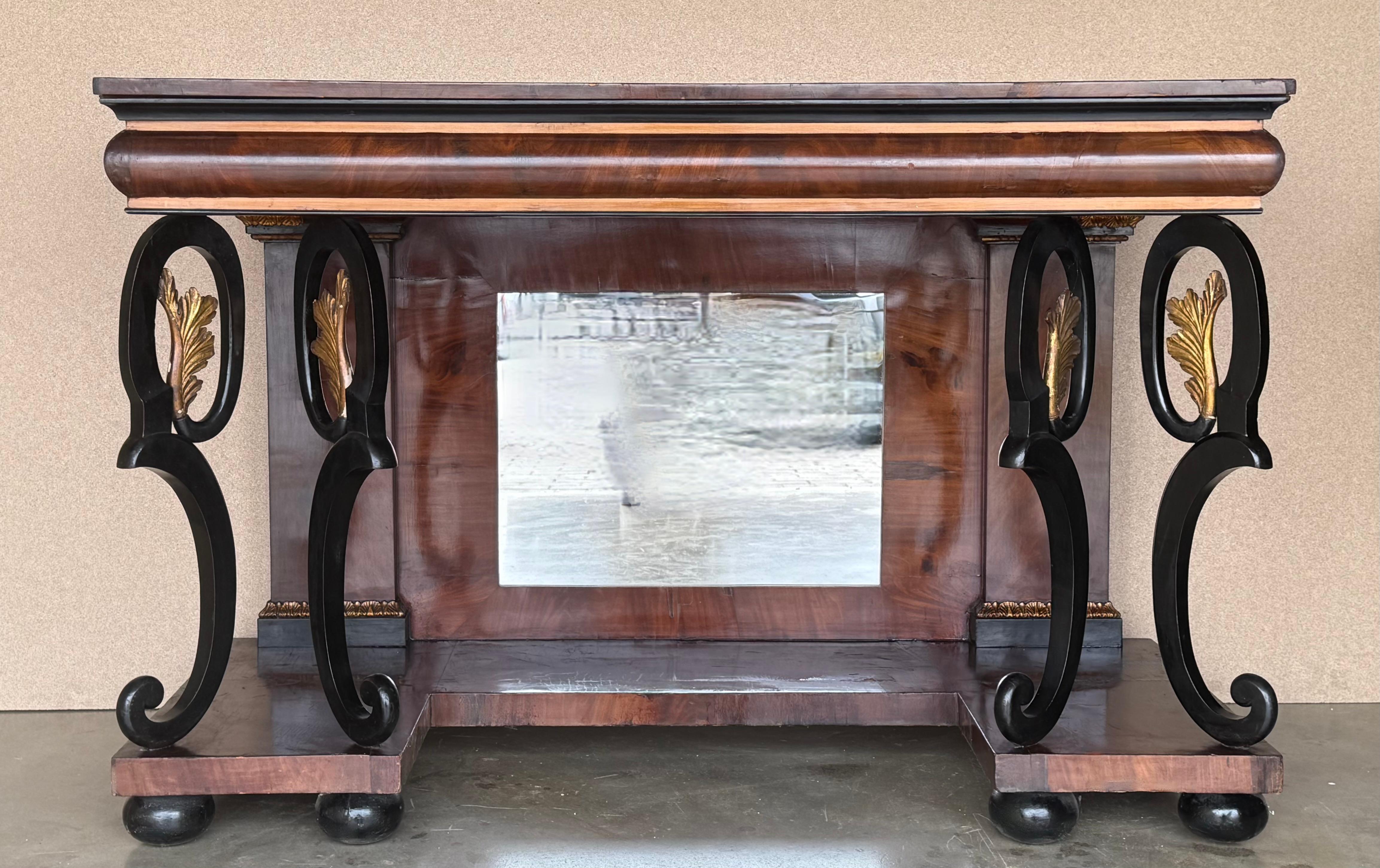 European Austrian Empire Console Table with back mirror and Swan Pedestals For Sale