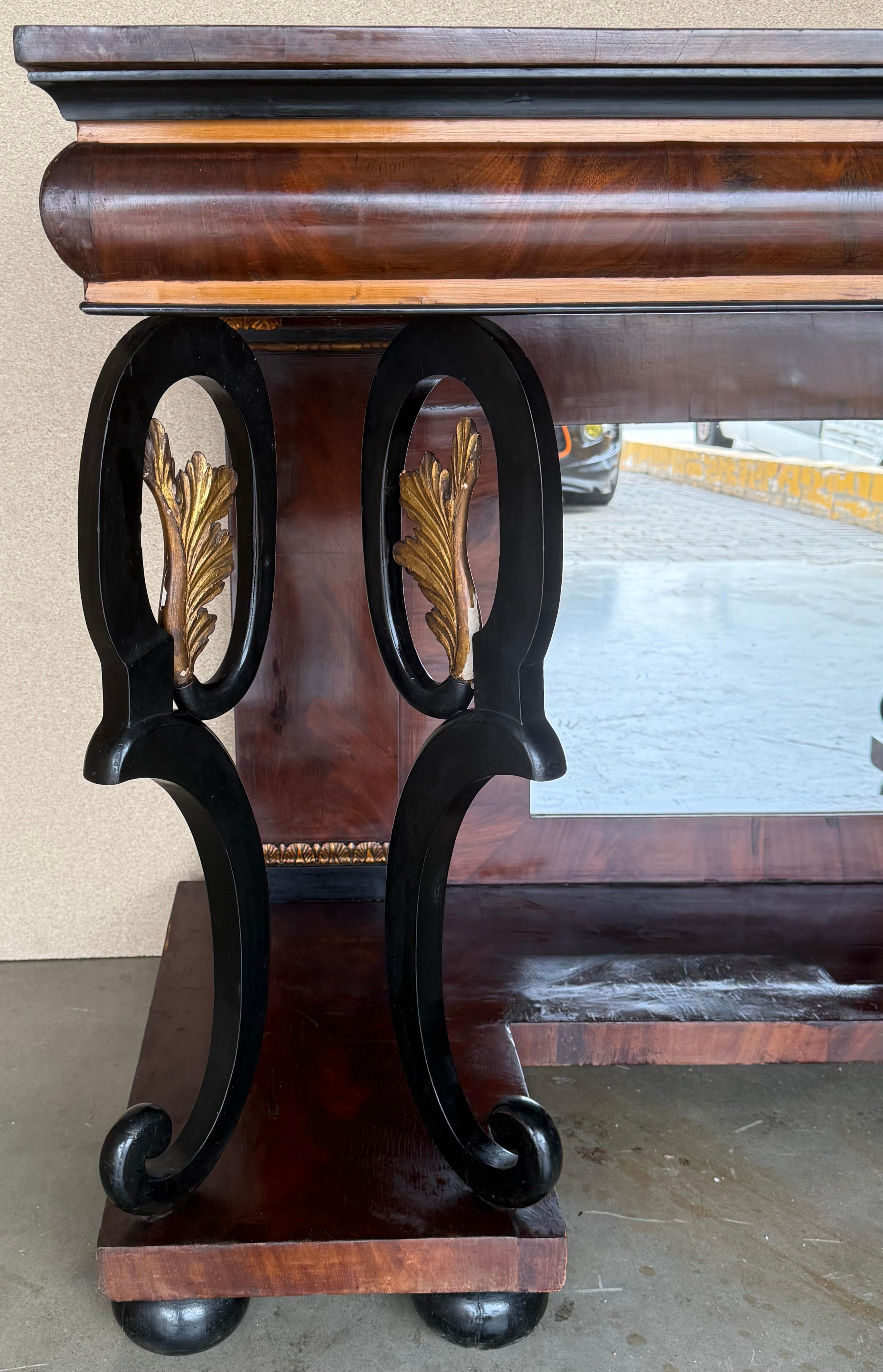 19th Century Austrian Empire Console Table with back mirror and Swan Pedestals For Sale
