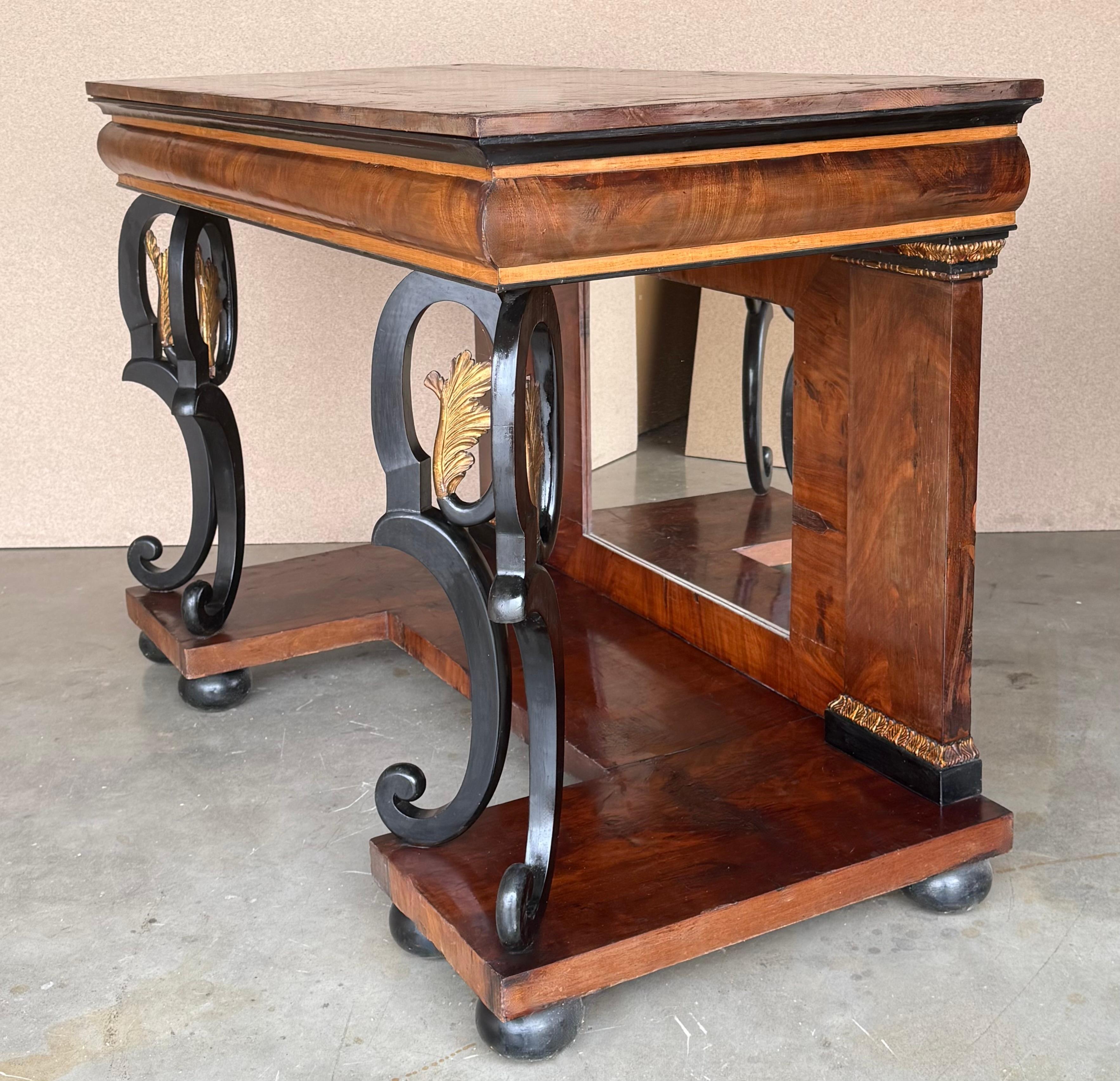 Wood Austrian Empire Console Table with back mirror and Swan Pedestals For Sale
