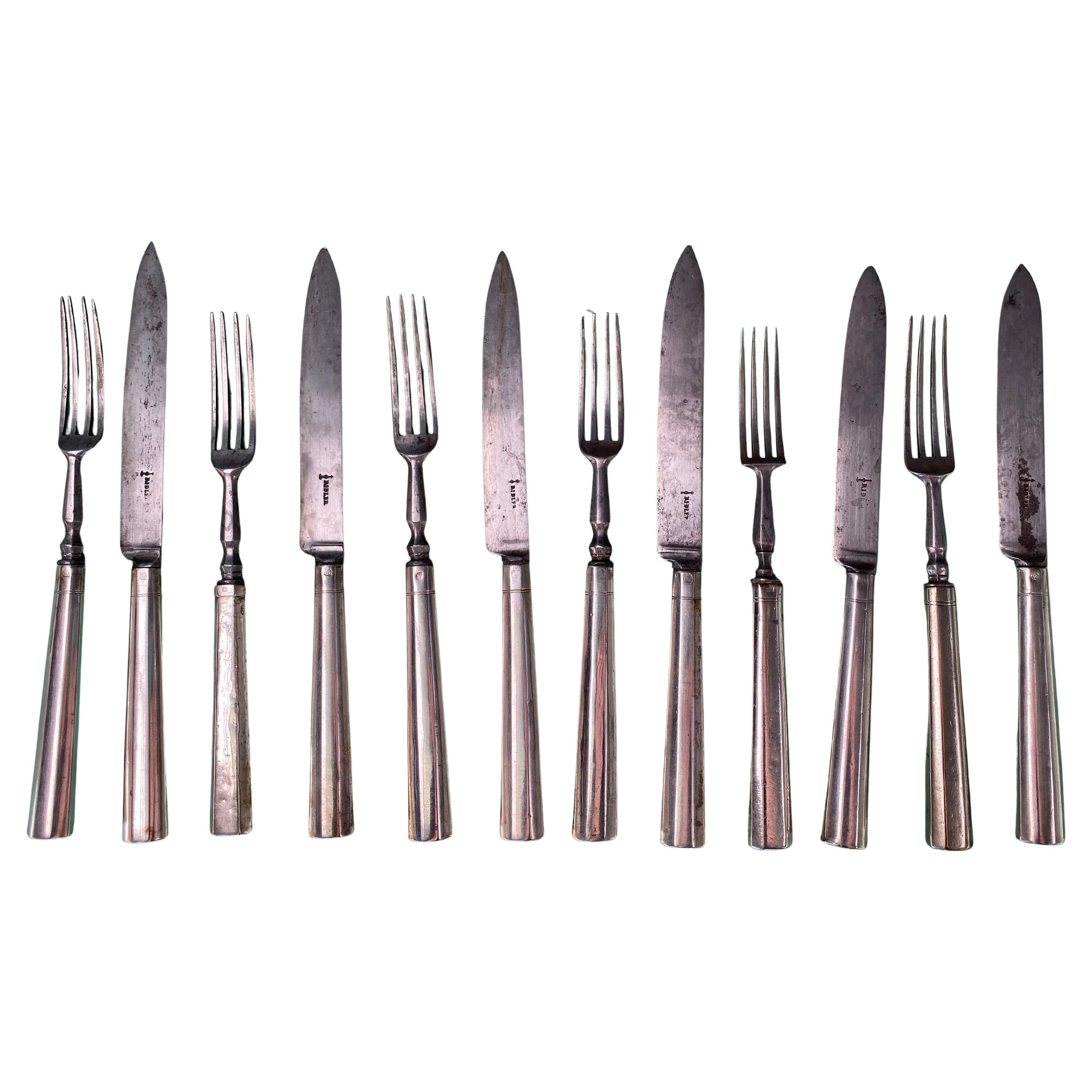 Austrian Empire Neoclassical Sterling Silver and Steel Cutlery Set 1830s For Sale