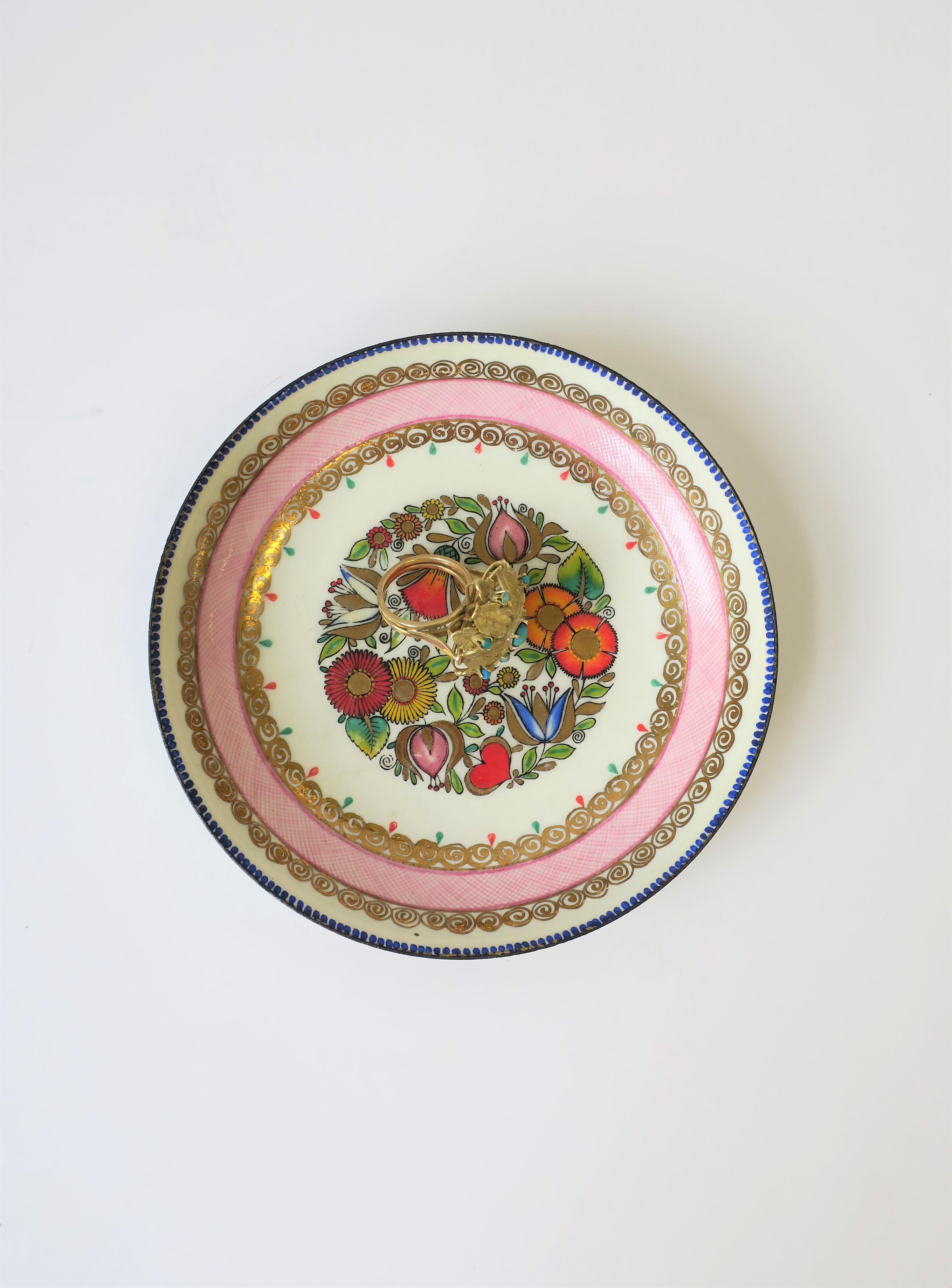 Enameled Colorful Austrian Porcelain Enamel Bowl or Jewelry Dish with Flower Design For Sale