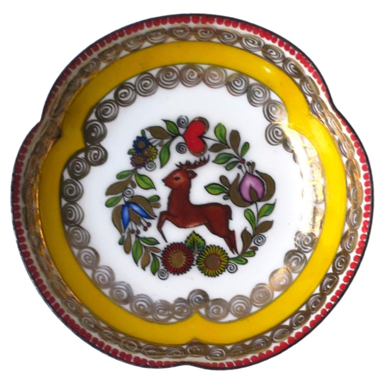 Austrian Enamel Jewely or Pill Dish with Stag Buck Deer