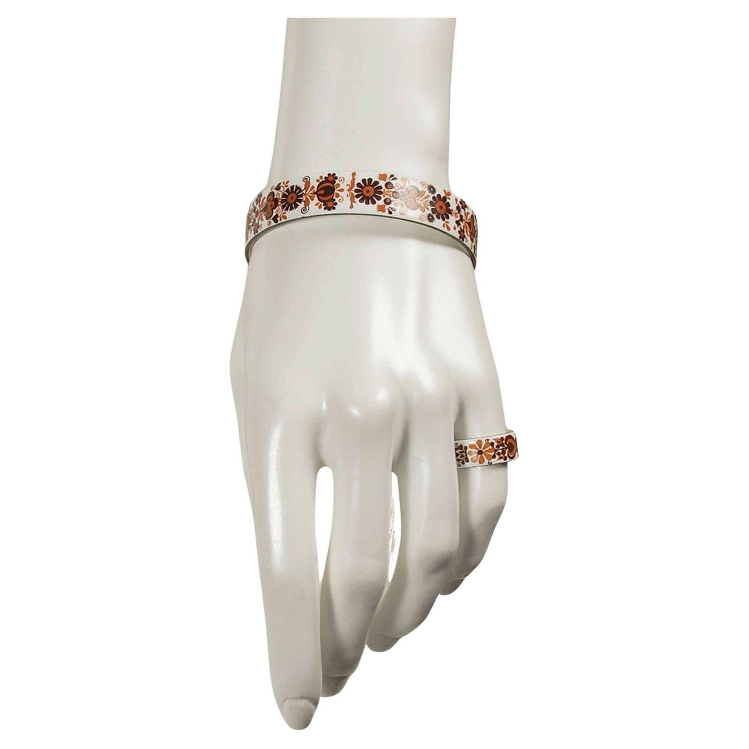 Austrian Enamel White and Brown Folk Bracelet and Ring Suite -  sz 8, 1970s