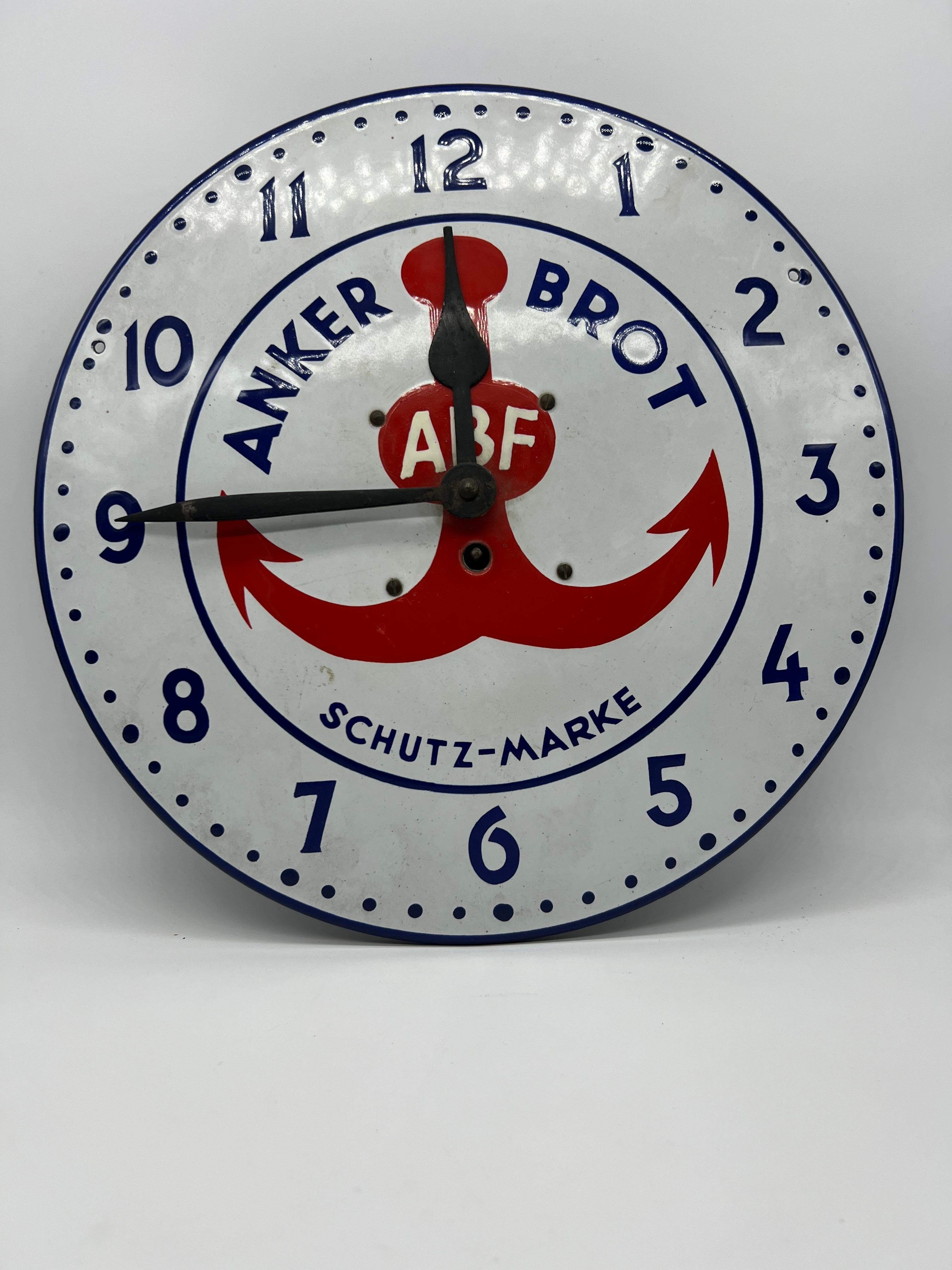 Enameled advertising clock from Austria, 1920s/1930s, function not tested.