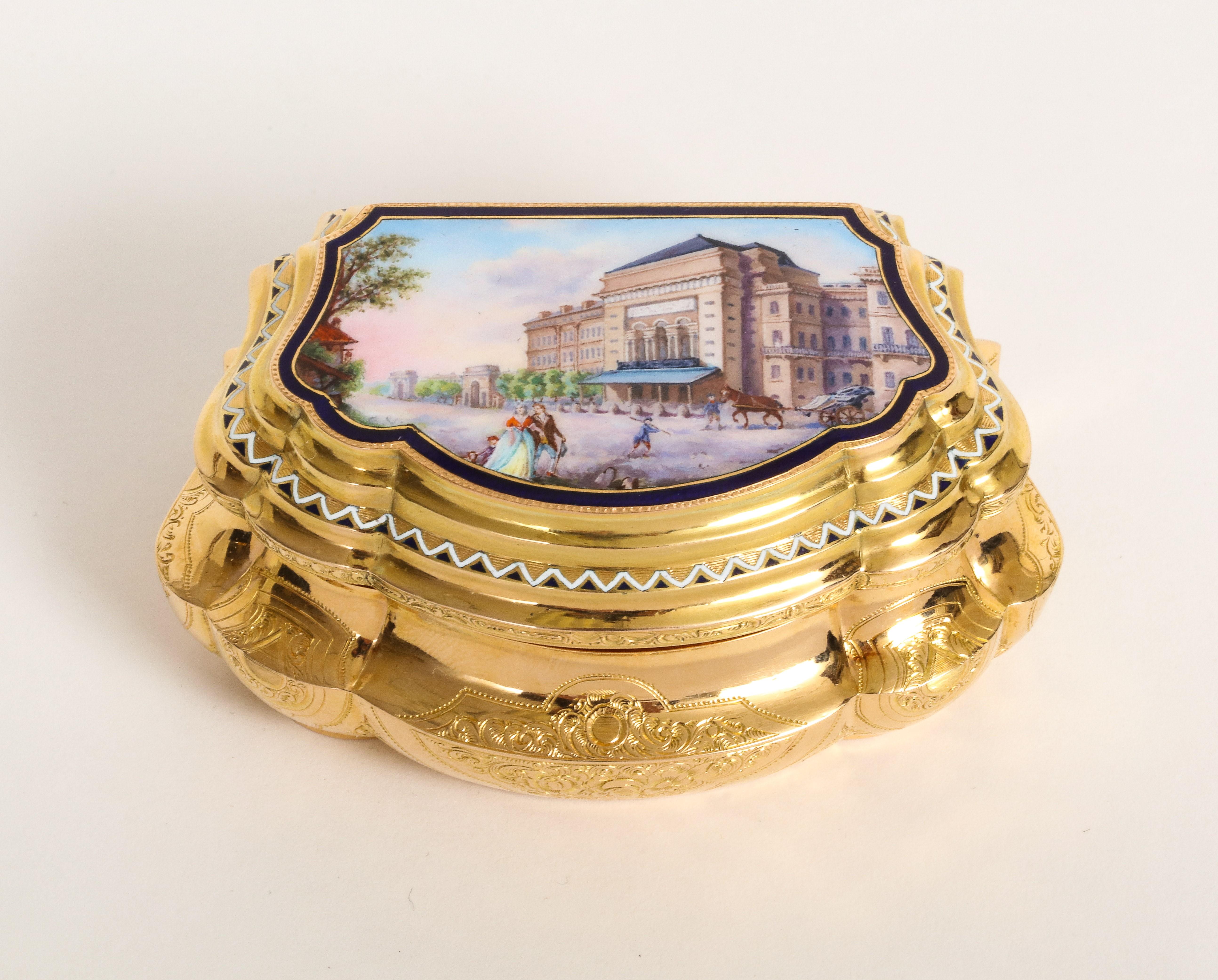 An Austrian enamelled 18k gold snuff box with a finely chiseled ogee body, the hinged lid decorated with an enamelled miniature representing a lively city scene. 
Circa 1880, Vienna 
Cartouche-shaped box with lobed corners, the sides and base of