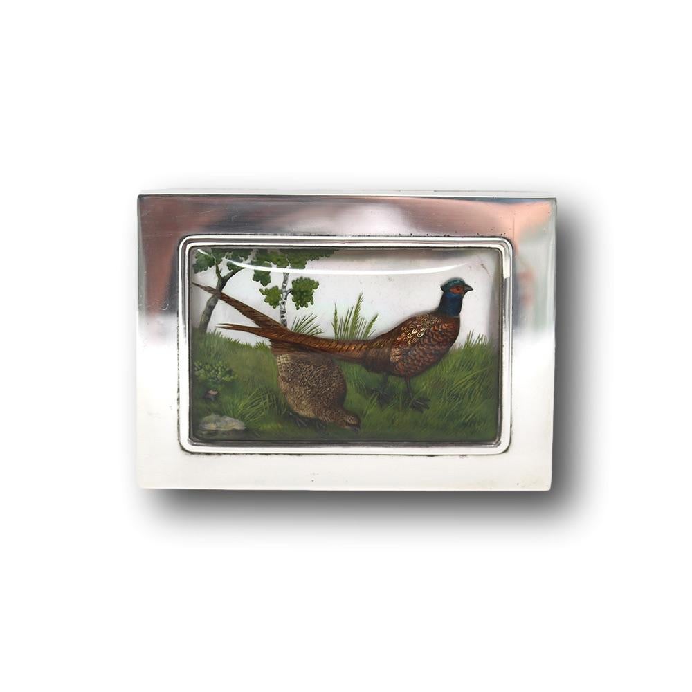 Fine 19th century Austrian essex crystal game birds silver jewellery. The box of plain form with wooden liners topped by a large Essex crystal life like subject of a pheasant and partridge feeding in the wild amongst trees upon a mother of pearl