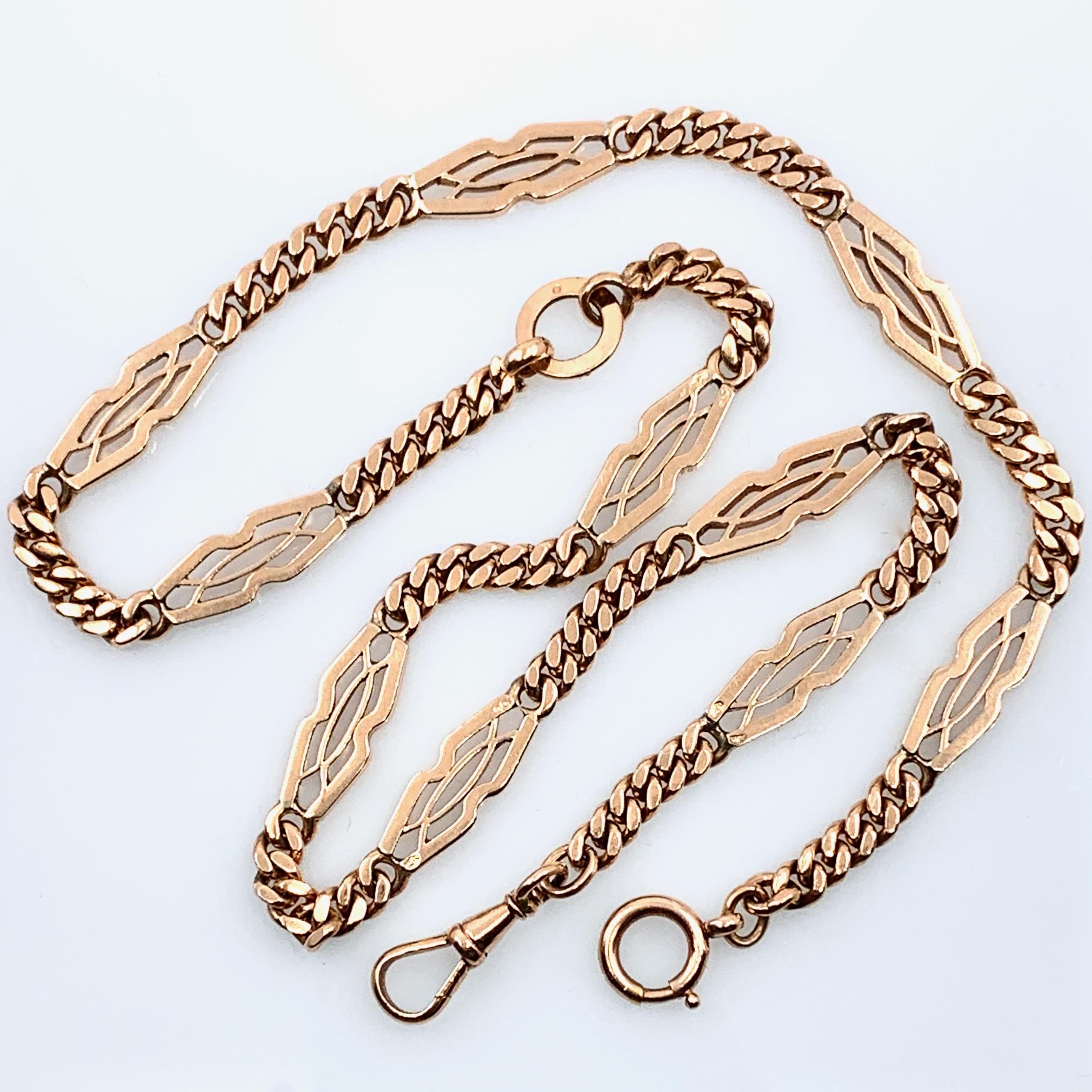 This thick, substantial pocket watch chain was made in Vienna in the late Hapsburg era, sometime between 1872 and 1922.  Oh the things this chain has seen...  

The fetter links alternate with six tight curb links and terminate with a bolt clip at