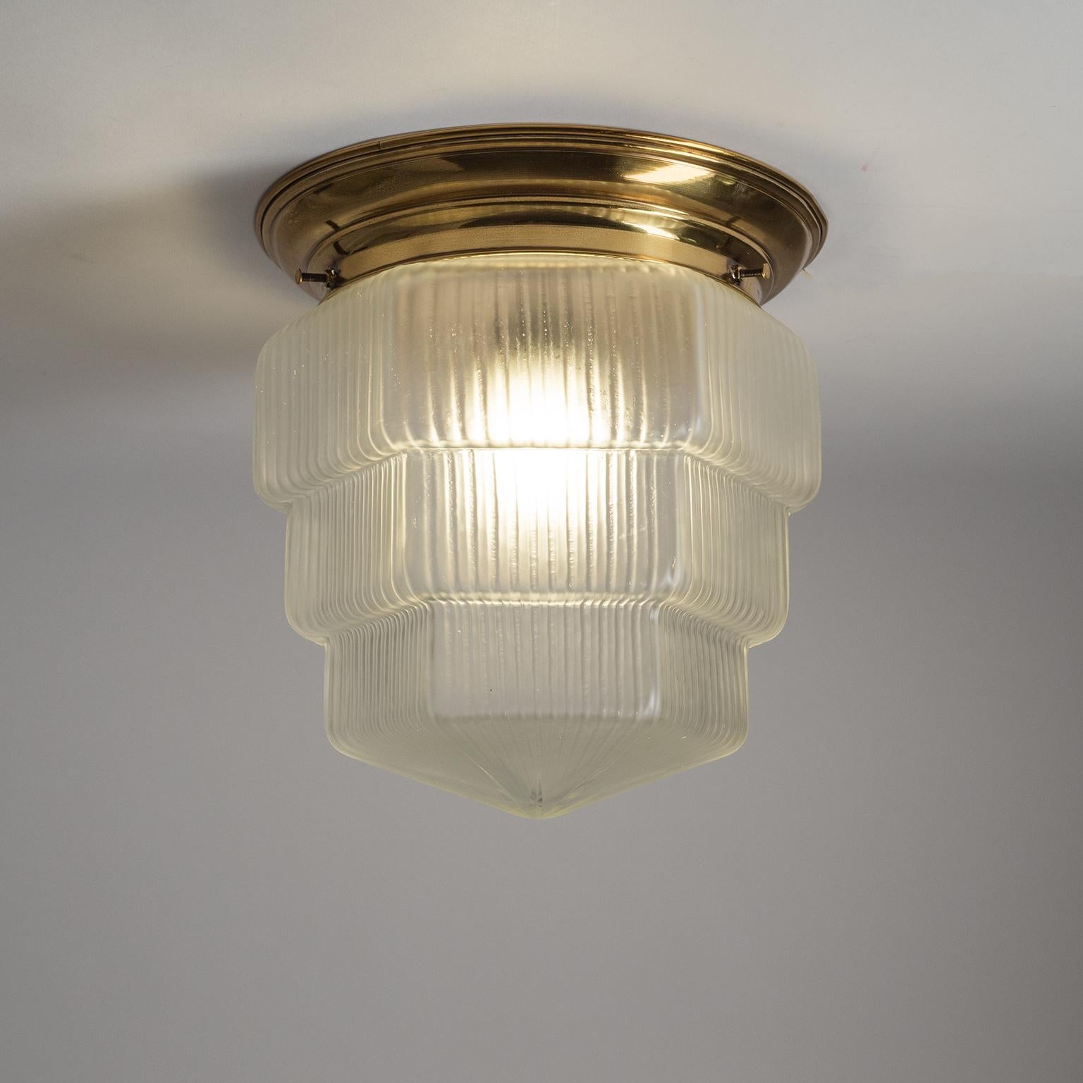 Austrian Flush Mount, circa 1930, Ribbed Glass and Brass 3