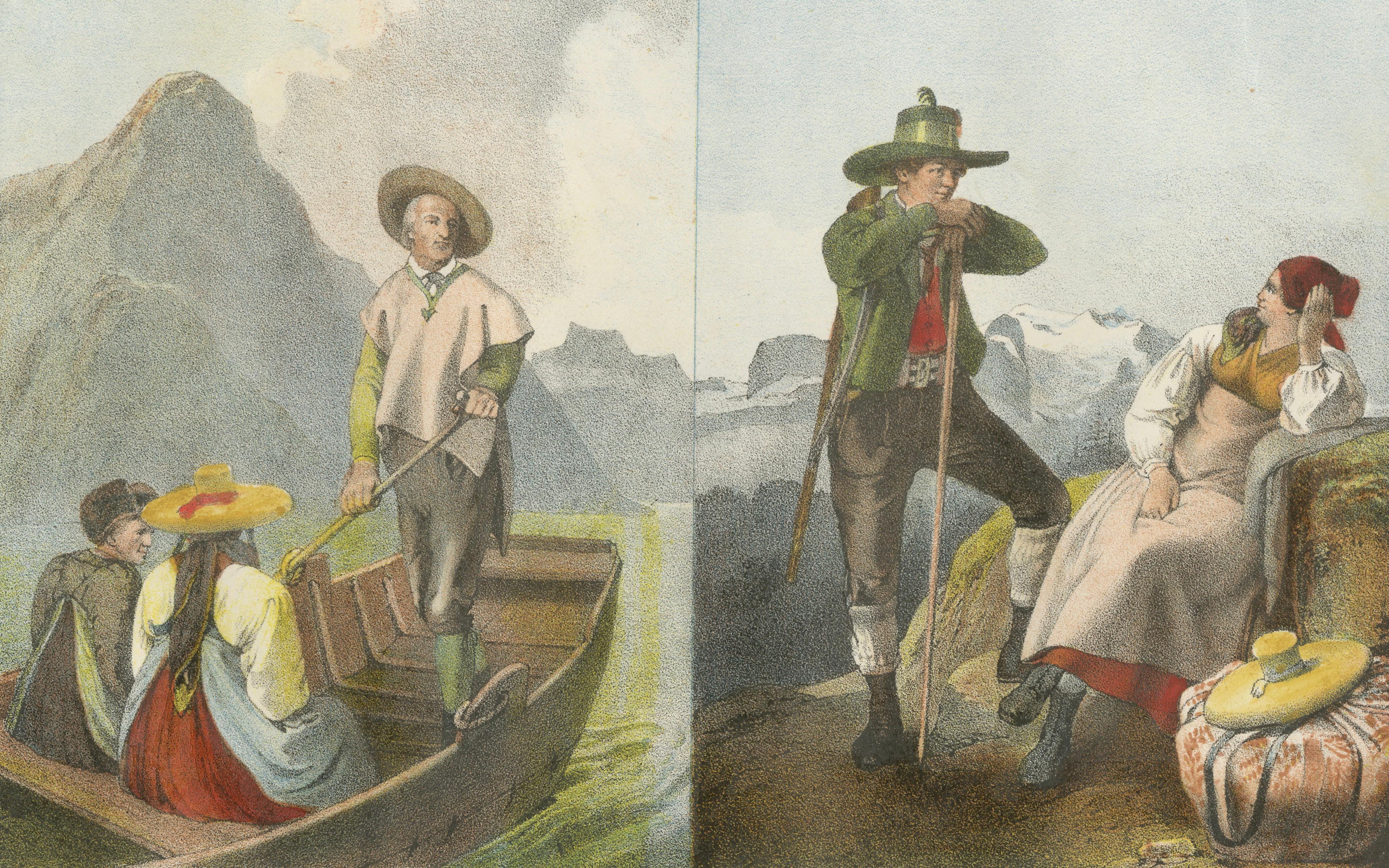 Austrian Folk Costume Pair, Hausruckkreis – Alpine Genre Scenes, 19th Century