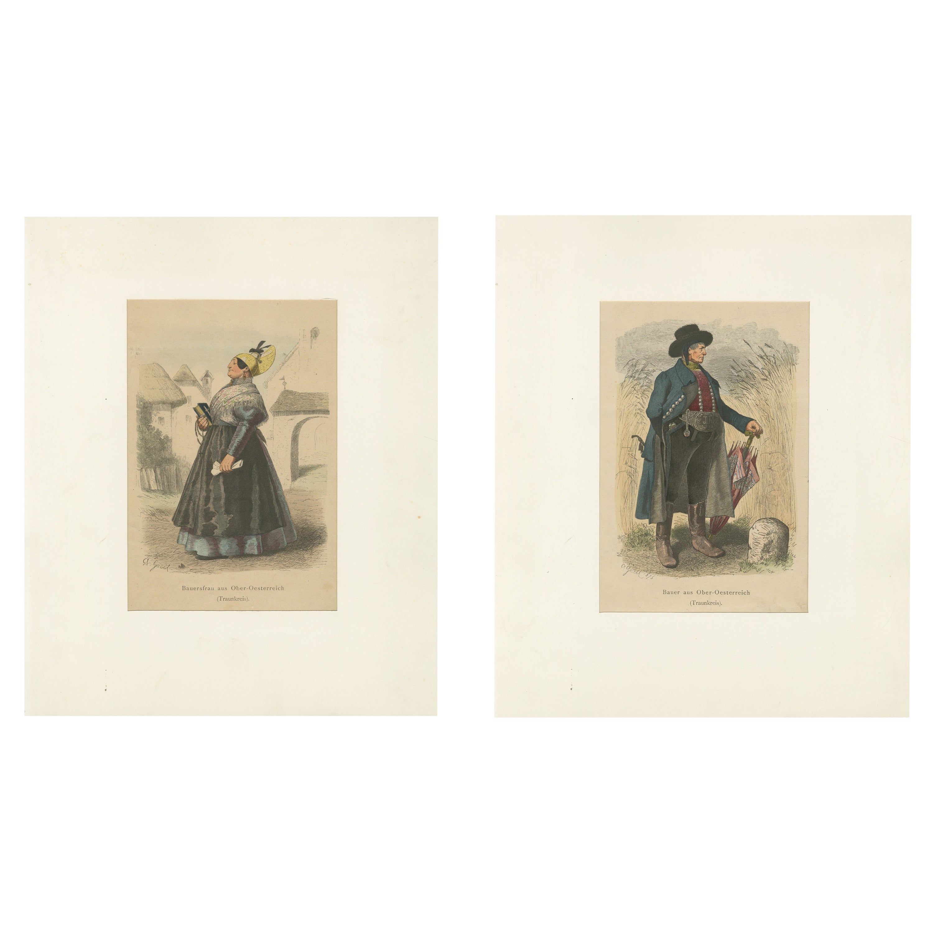 Austrian Folk Costume Pair, Upper Austria – Elegant Rural Figures, 1876