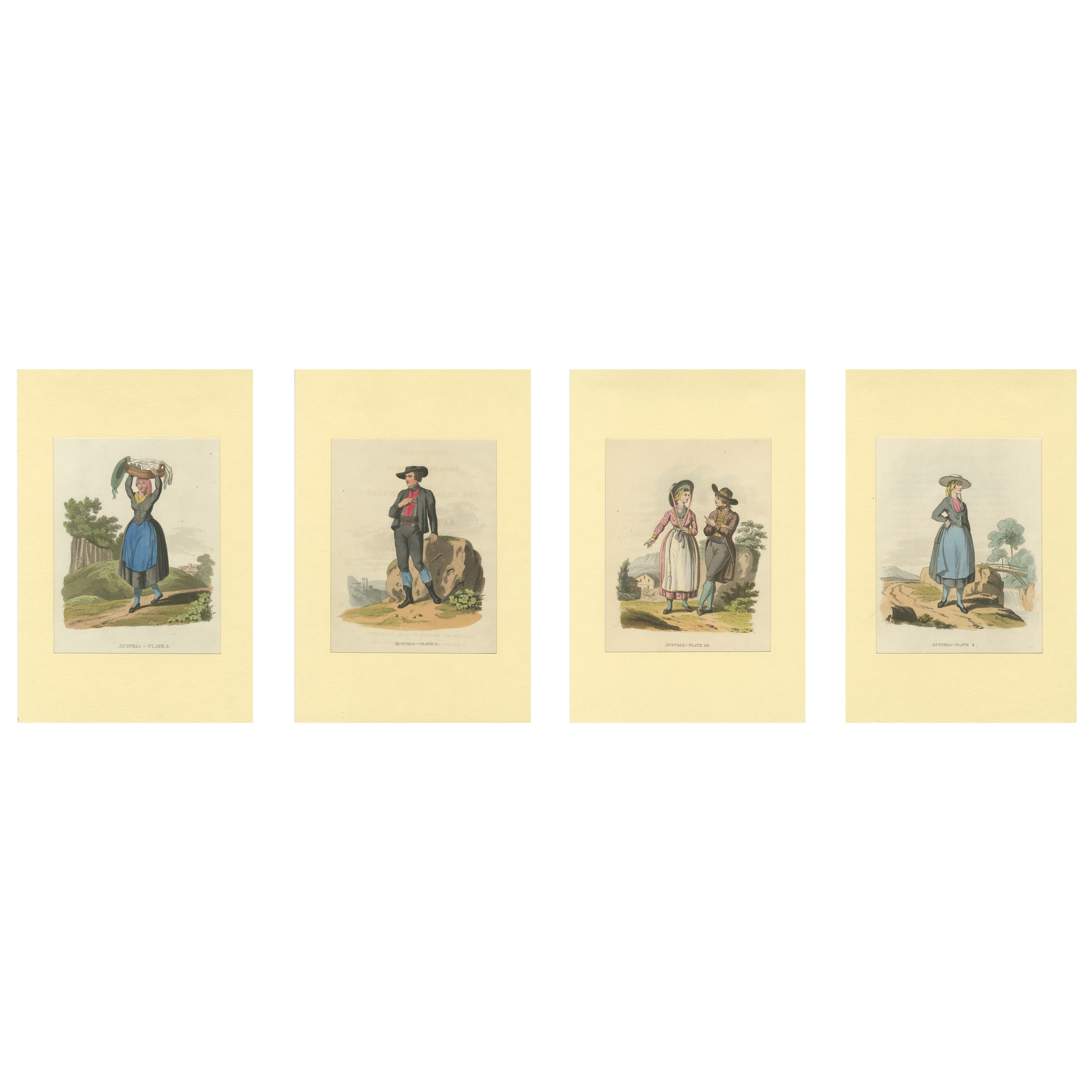 Austrian Folk Costume Prints – Elegant 4-Plate Set of Rural Figures, c. 1820