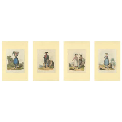 Austrian Folk Costume Prints – Elegant 4-Plate Set of Rural Figures, c. 1820