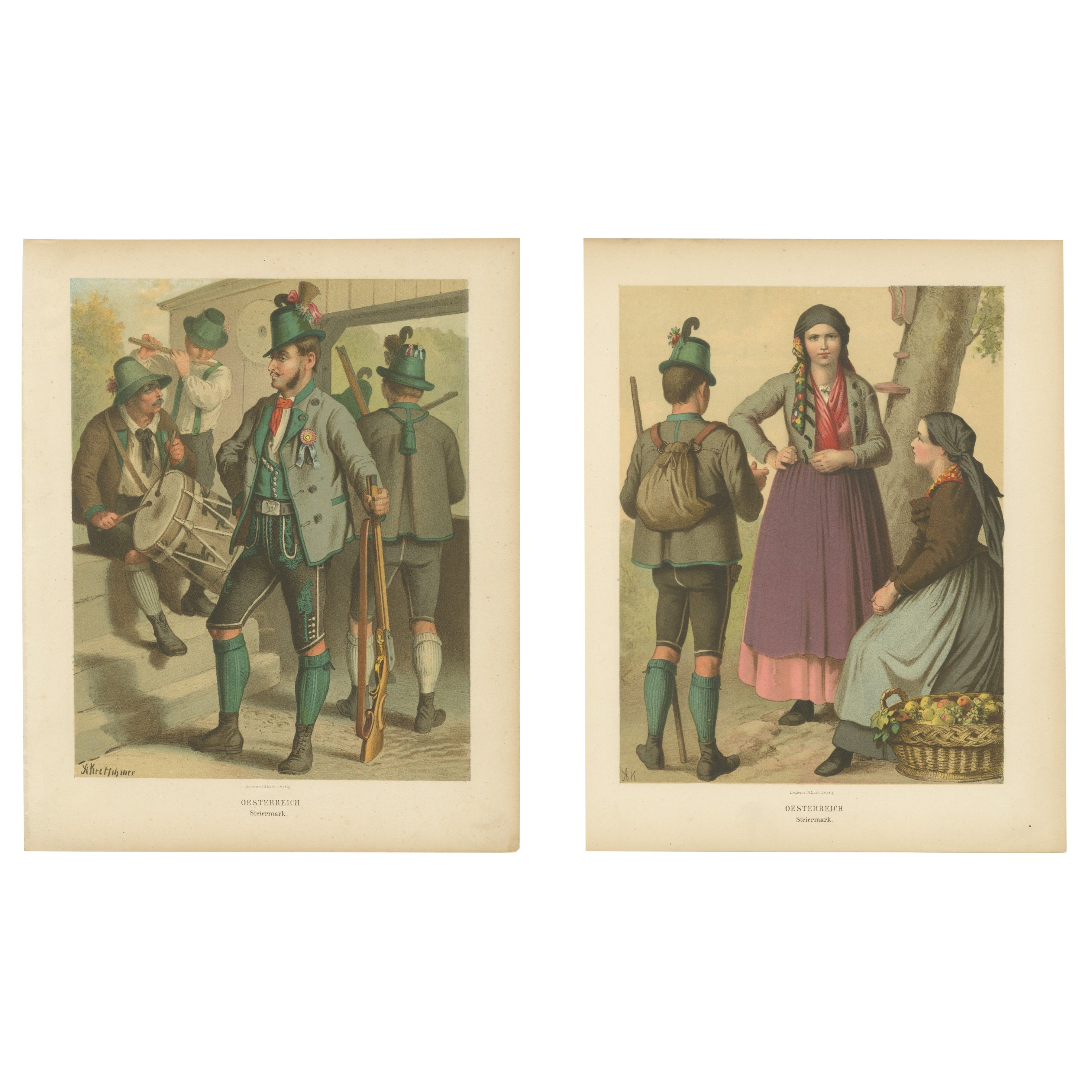 Austrian Folk Costume Prints, Styria – Elegant 19th-Century Pair, Austria