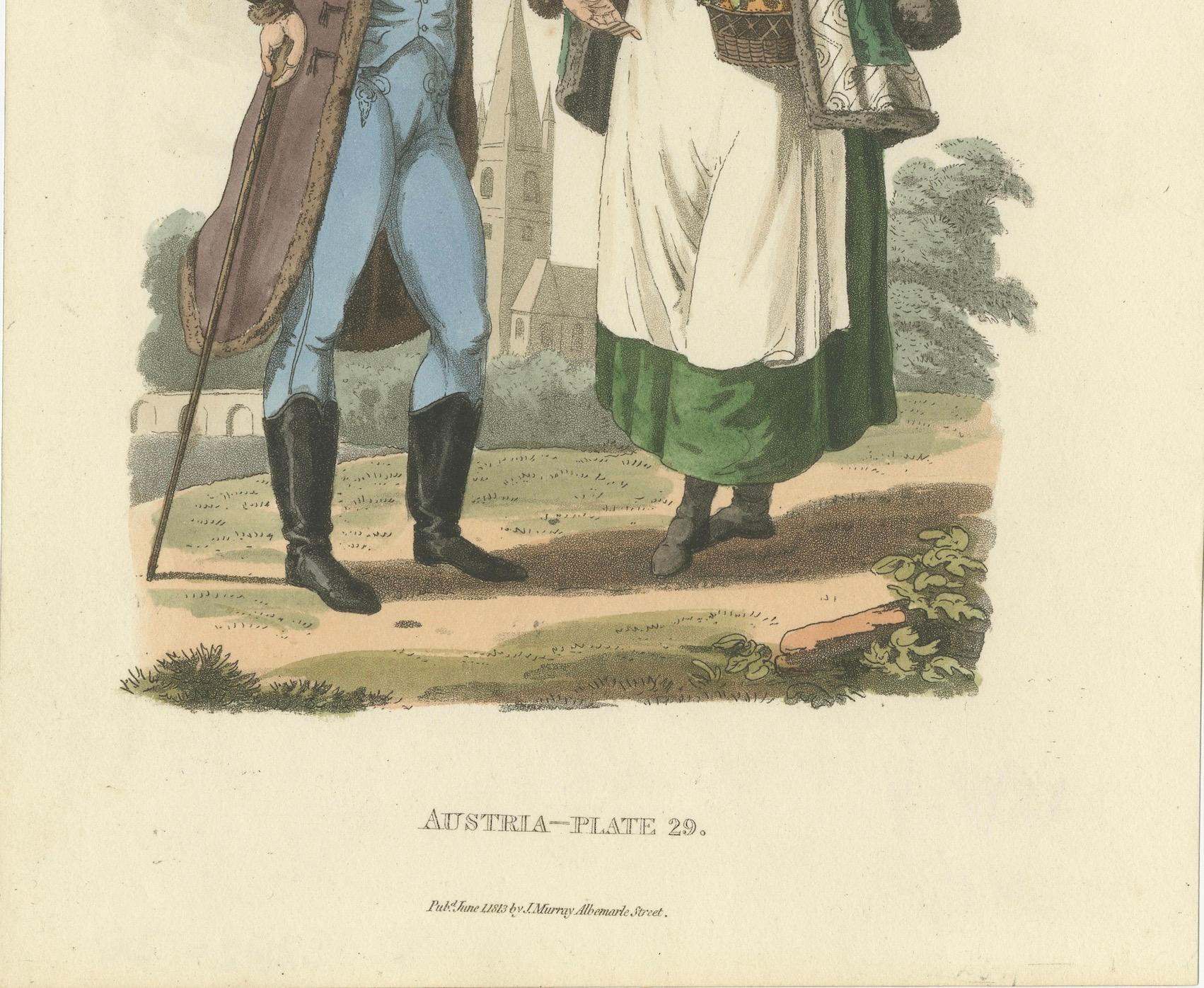 Couple autrichienne : Costume élégant de la Régence de 1808  

Cette charmante gravure coloriée à la main, publiée par J. Murray of Albemarle Street, London, en 1808, est la planche 29 d'une célèbre série d'estampes de costumes. Elle représente