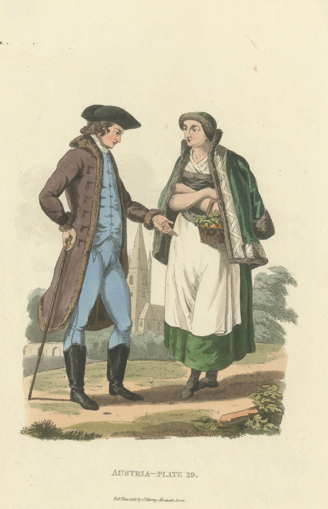 Papier Couple autrichienne : Costume élégant de la Régence de 1808 en vente