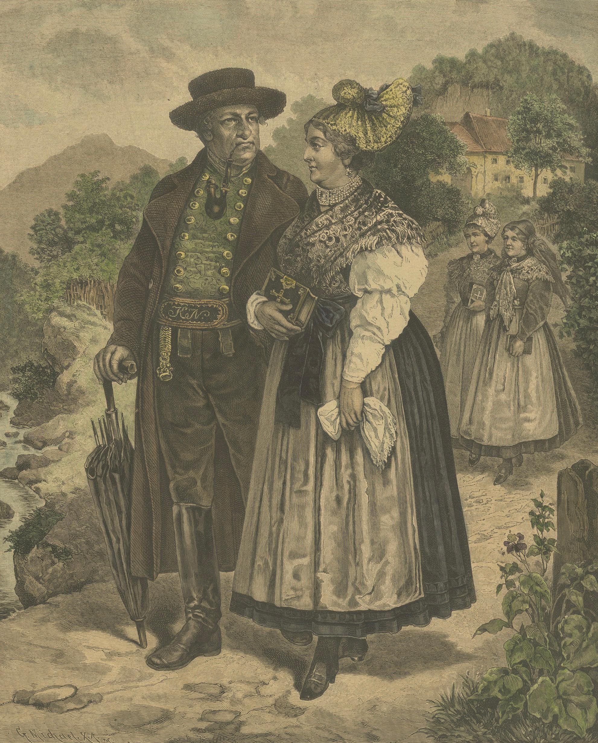 Austrian Folk Couple in Traditional Dress – Alpine Genre Scene, 19th Century