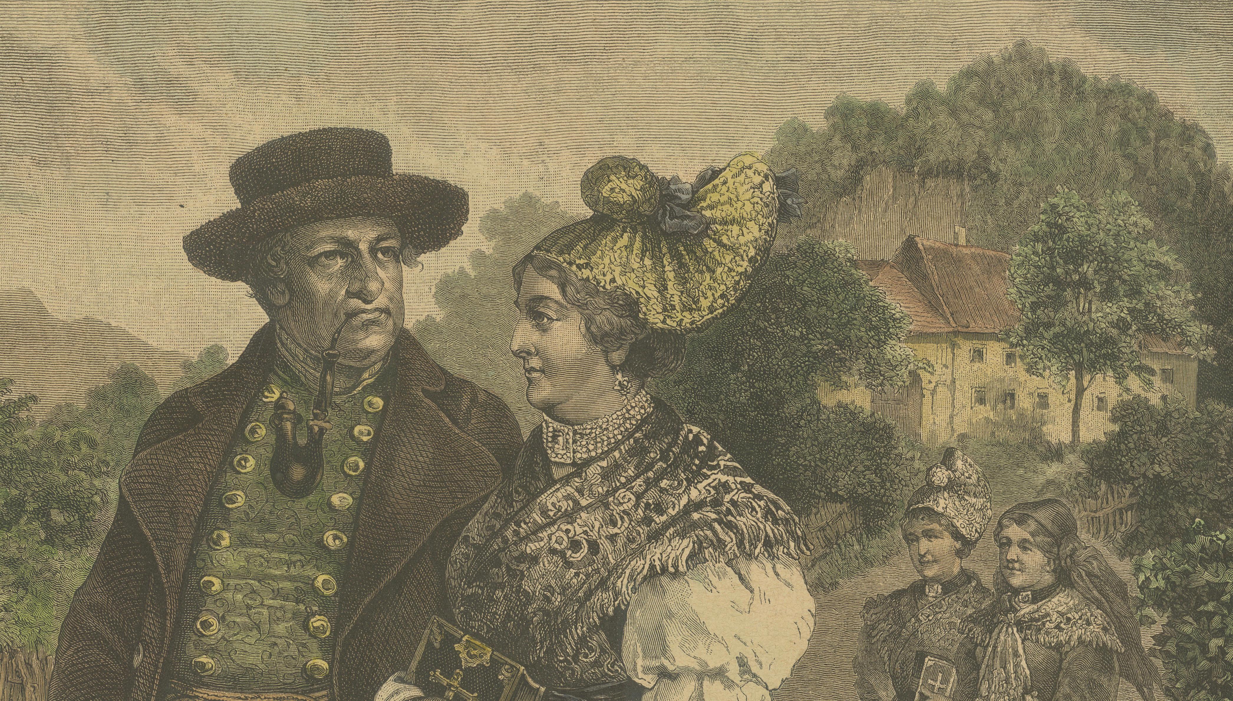 Austrian Folk Couple in Traditional Dress – Alpine Genre Scene, 19th Century