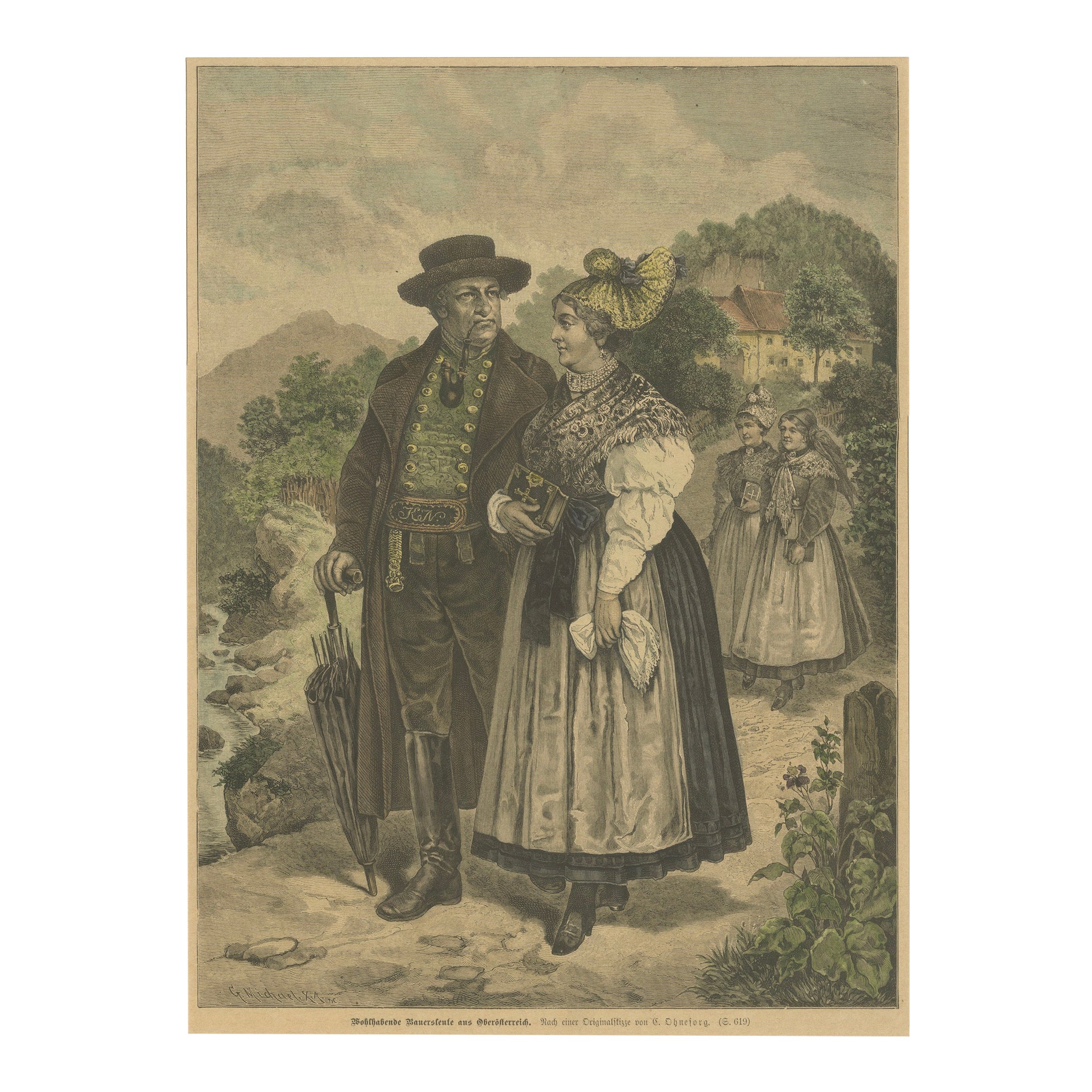 Austrian Folk Couple in Traditional Dress – Alpine Genre Scene, 19th Century For Sale