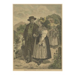 Antique Austrian Folk Couple in Traditional Dress – Alpine Genre Scene, 19th Century